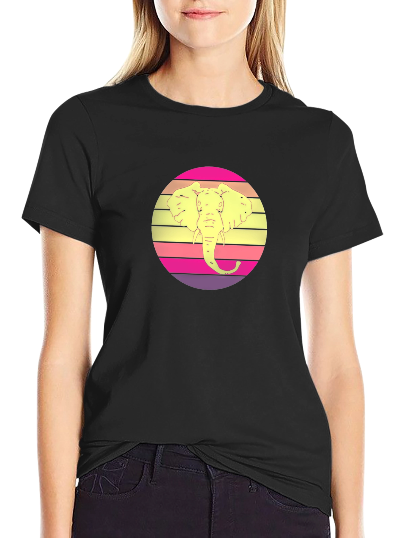 Black Retro Elephant Sunset Graphic Tee - Black Cotton view 2
