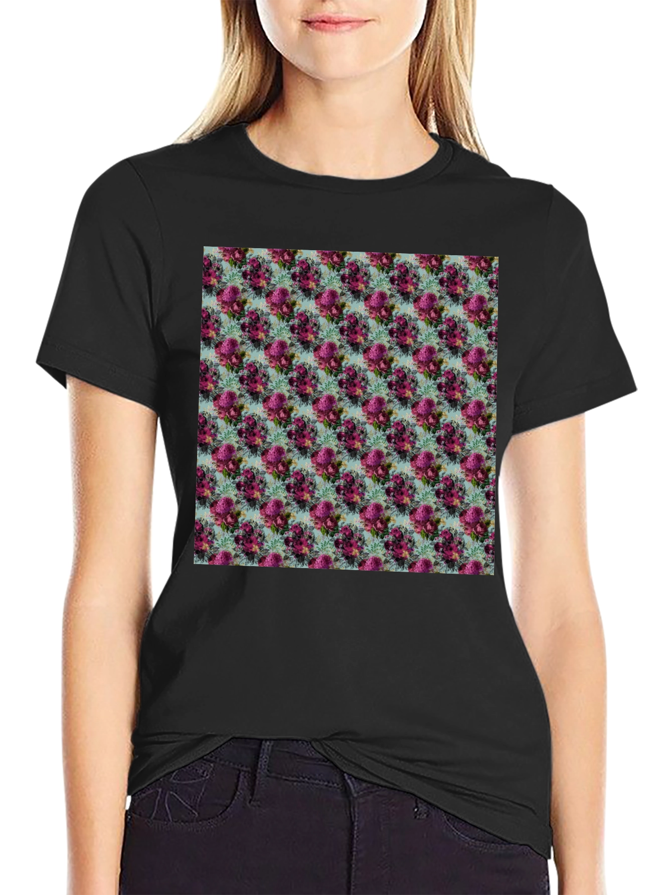 Black Floral Pattern T-Shirt view 2