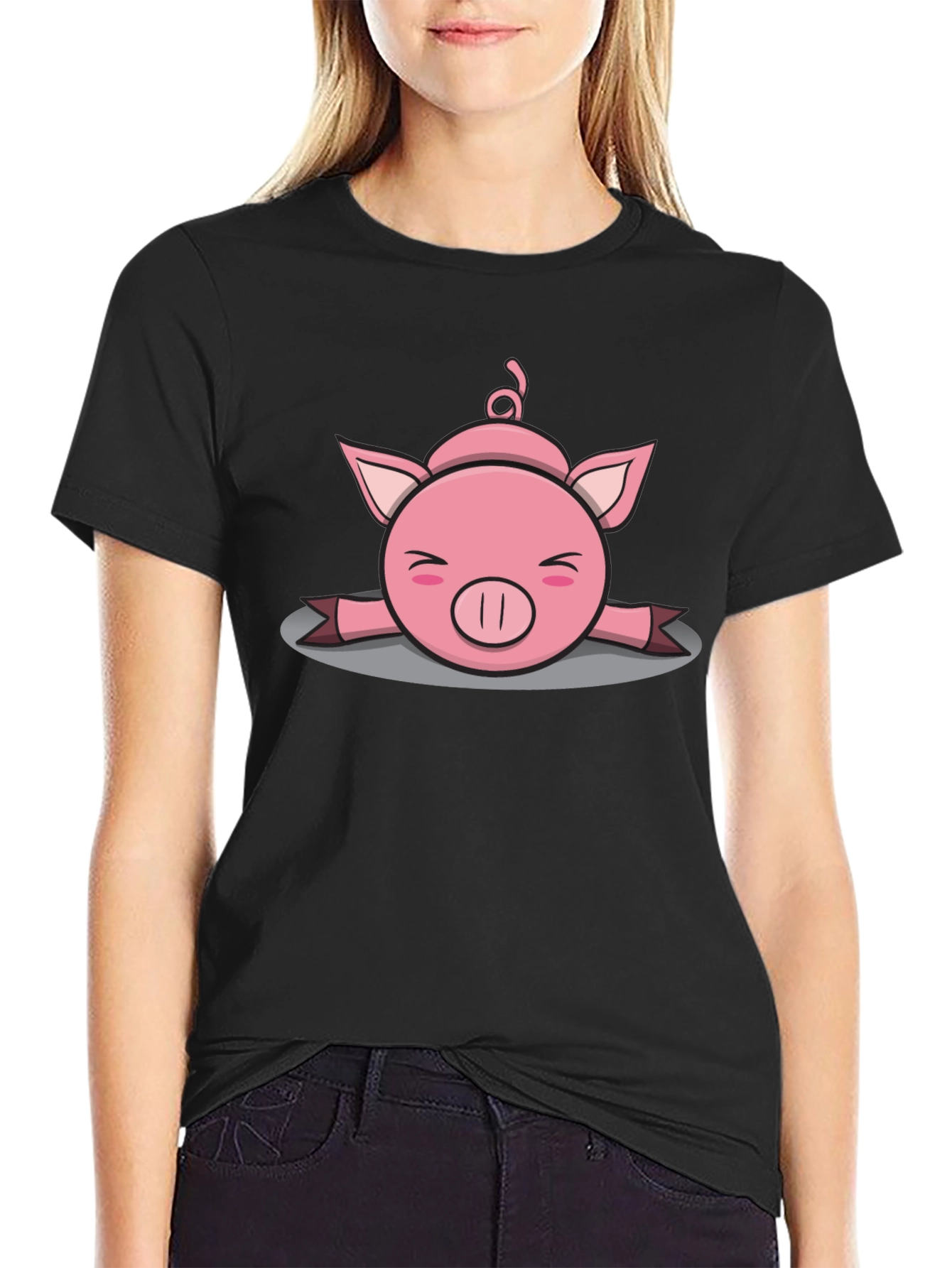 Black Funny Pig T-Shirt - Splat Design - Cute Cartoon Tee view 2