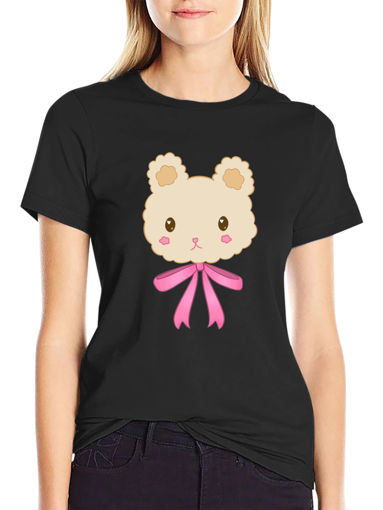 Black Cute Cartoon Teddy Bear T-Shirt - Black view 2
