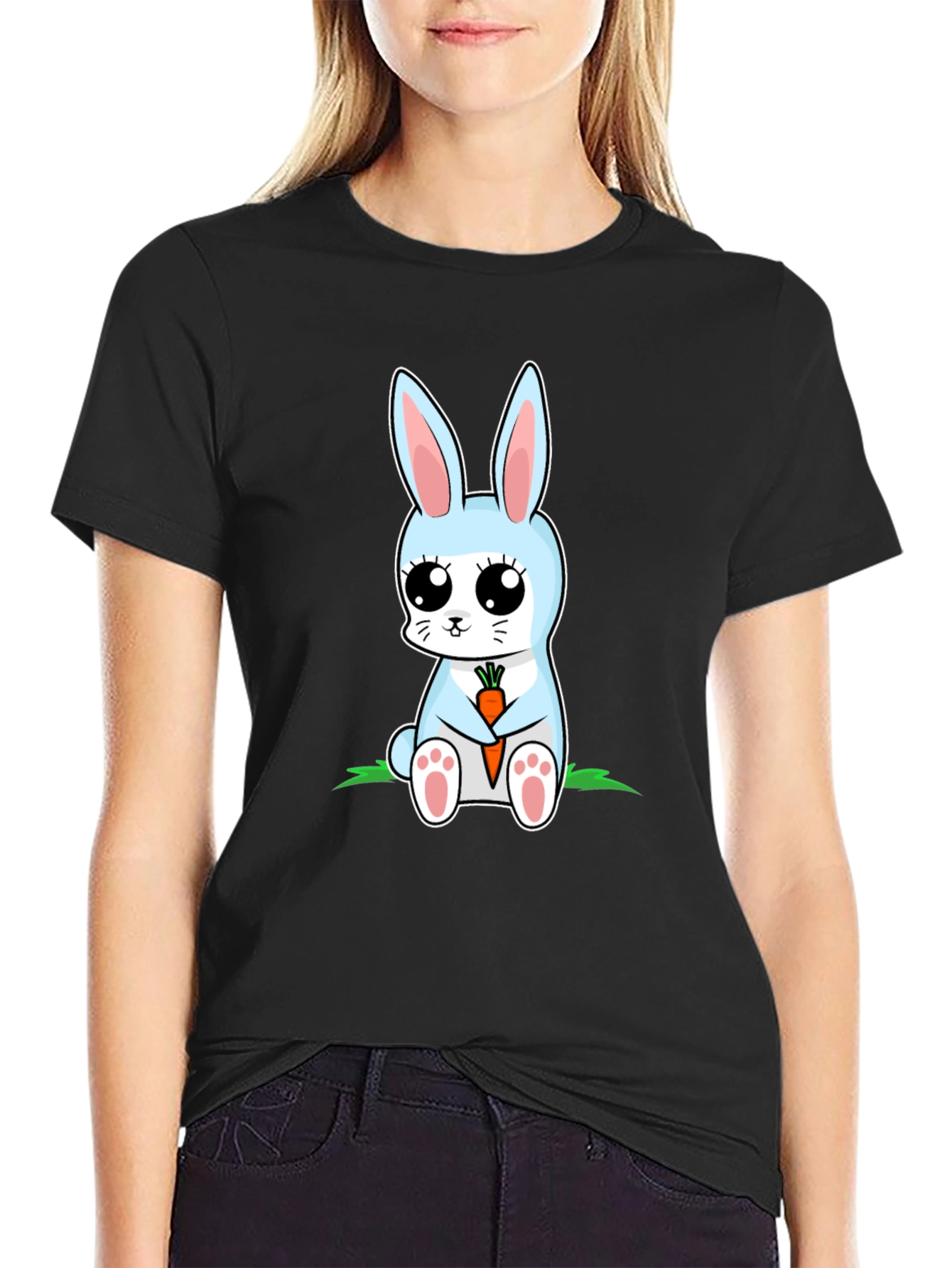 Black Cute Bunny Holding Carrot Graphic T-Shirt view 2