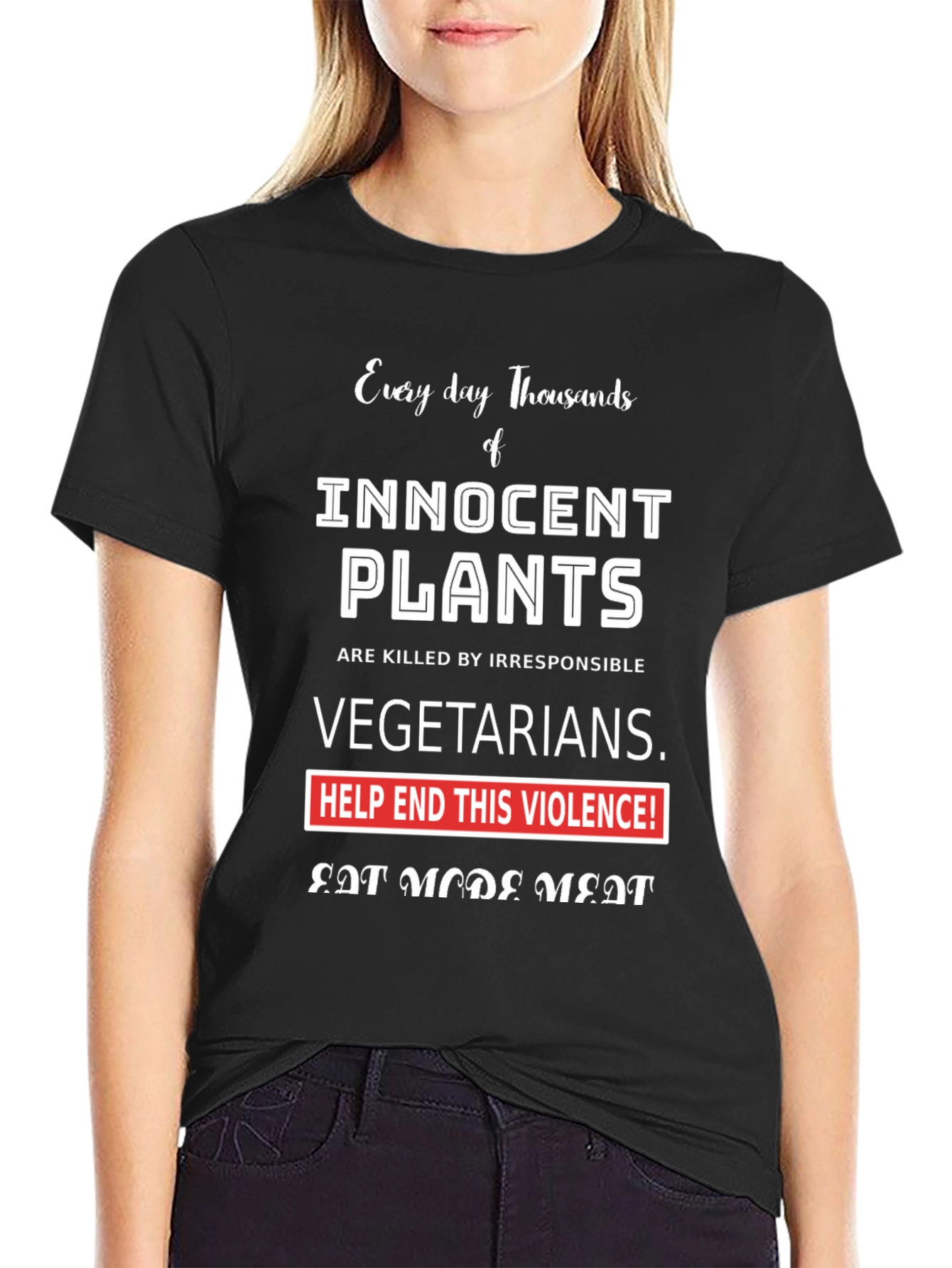 Black Eat More Meat Graphic Tee - Anti-Vegetarian Humor T-Shirt view 2
