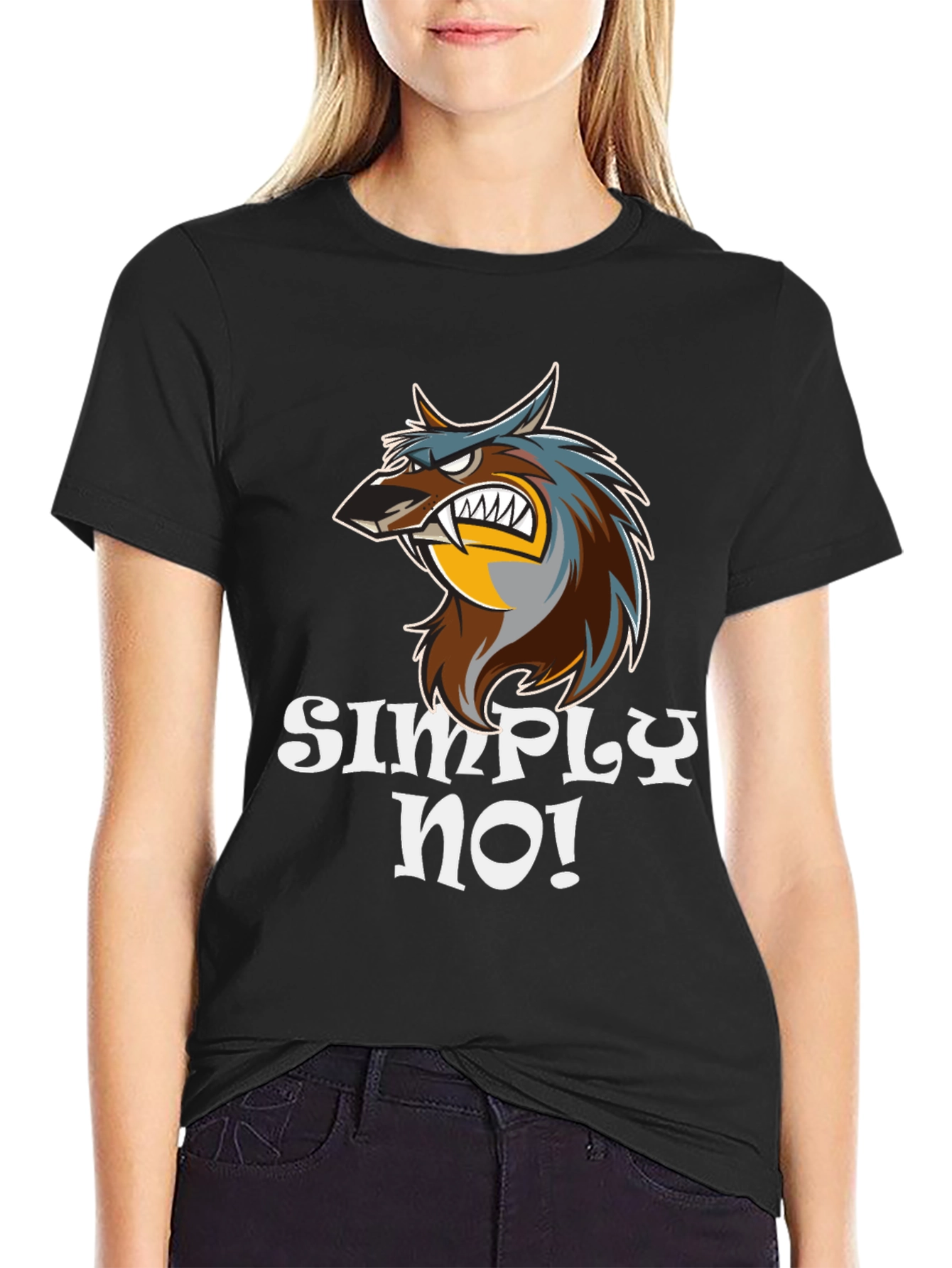 Black Simply No! Graphic Tee - Angry Wolf Design view 2