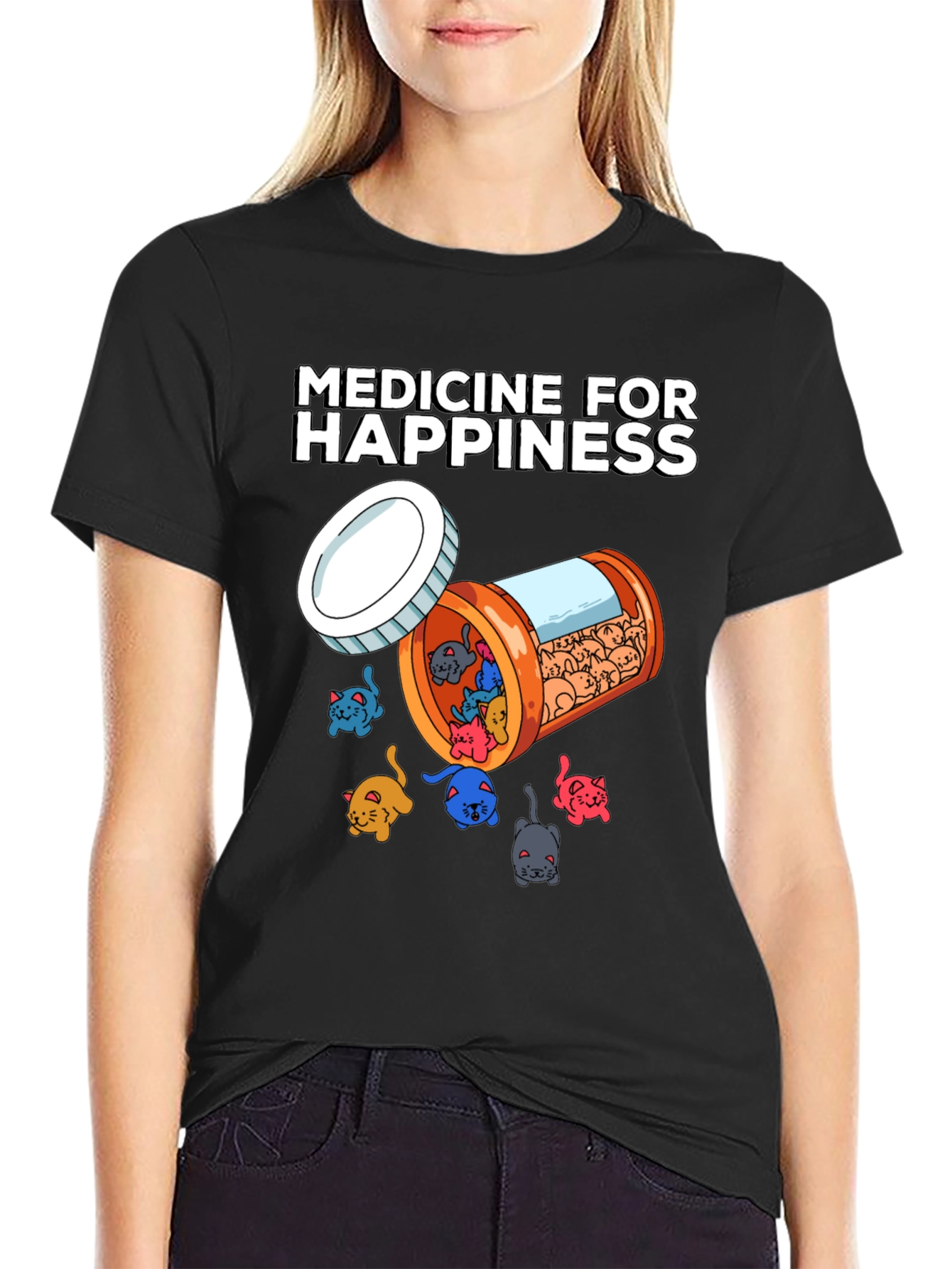 Black Medicine For Happiness Cat Lover T-Shirt view 2