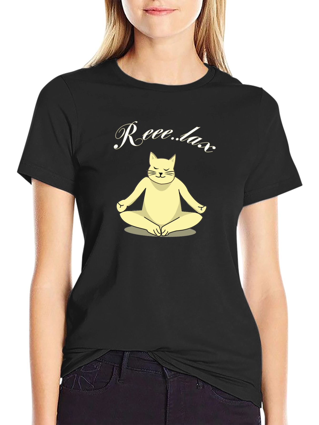 Black Relaxing Cat T-Shirt - Meditating Feline Tee view 2