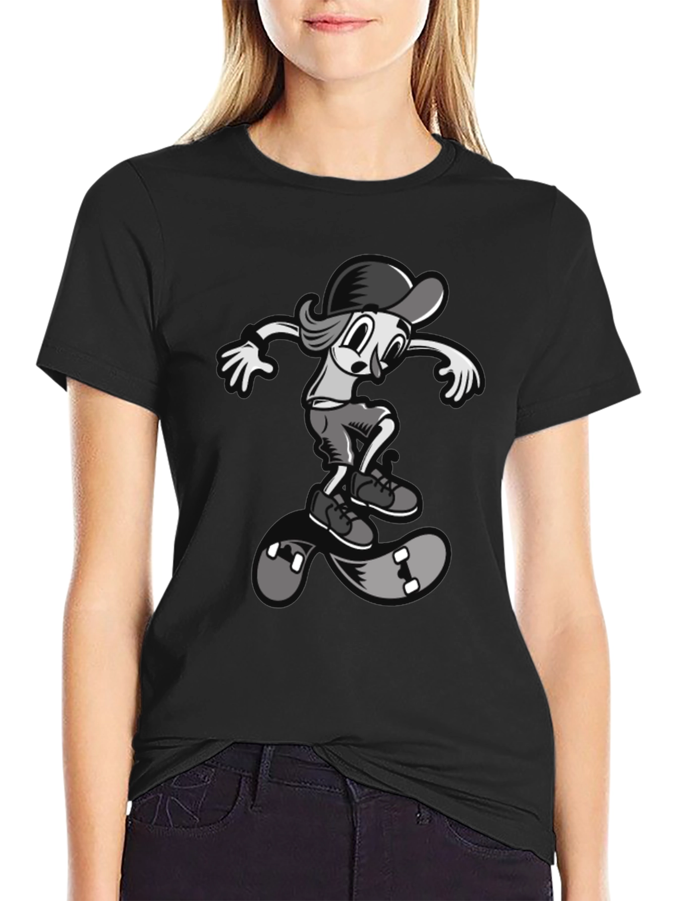 Black Skateboard Cartoon Tee - Cool Graphic Design view 2