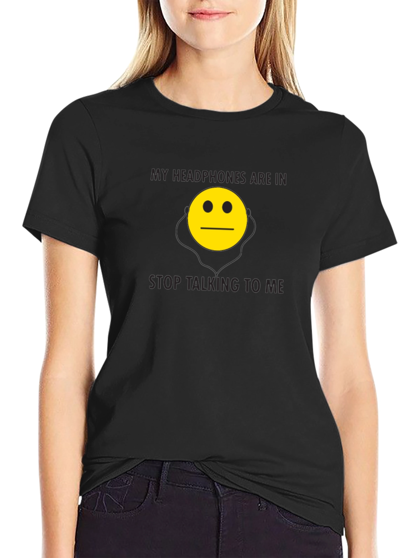 Black Funny Headphones Emoji Graphic Tee - Black view 2