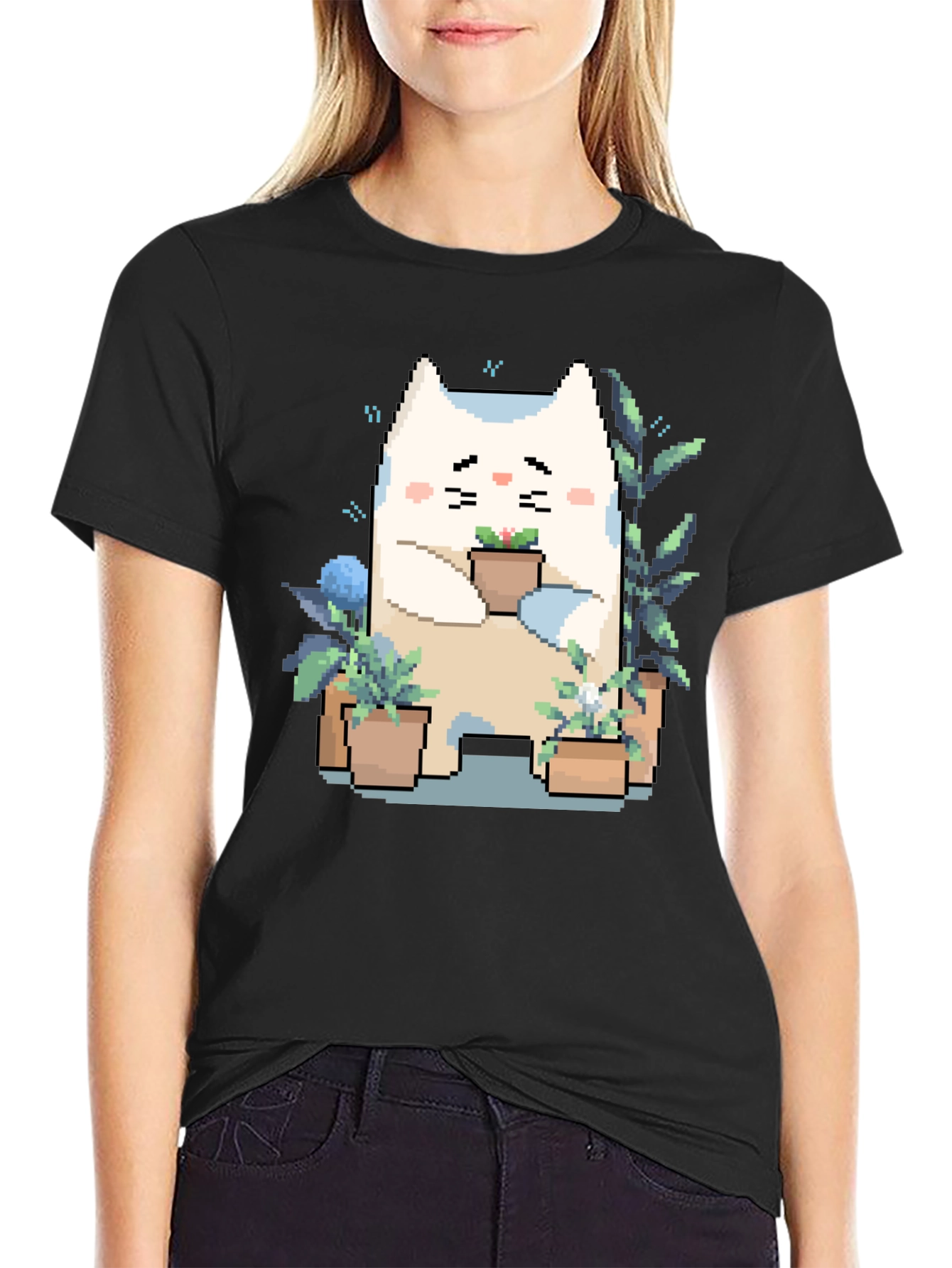 Black Cute Pixel Cat with Plants Black T-Shirt view 2