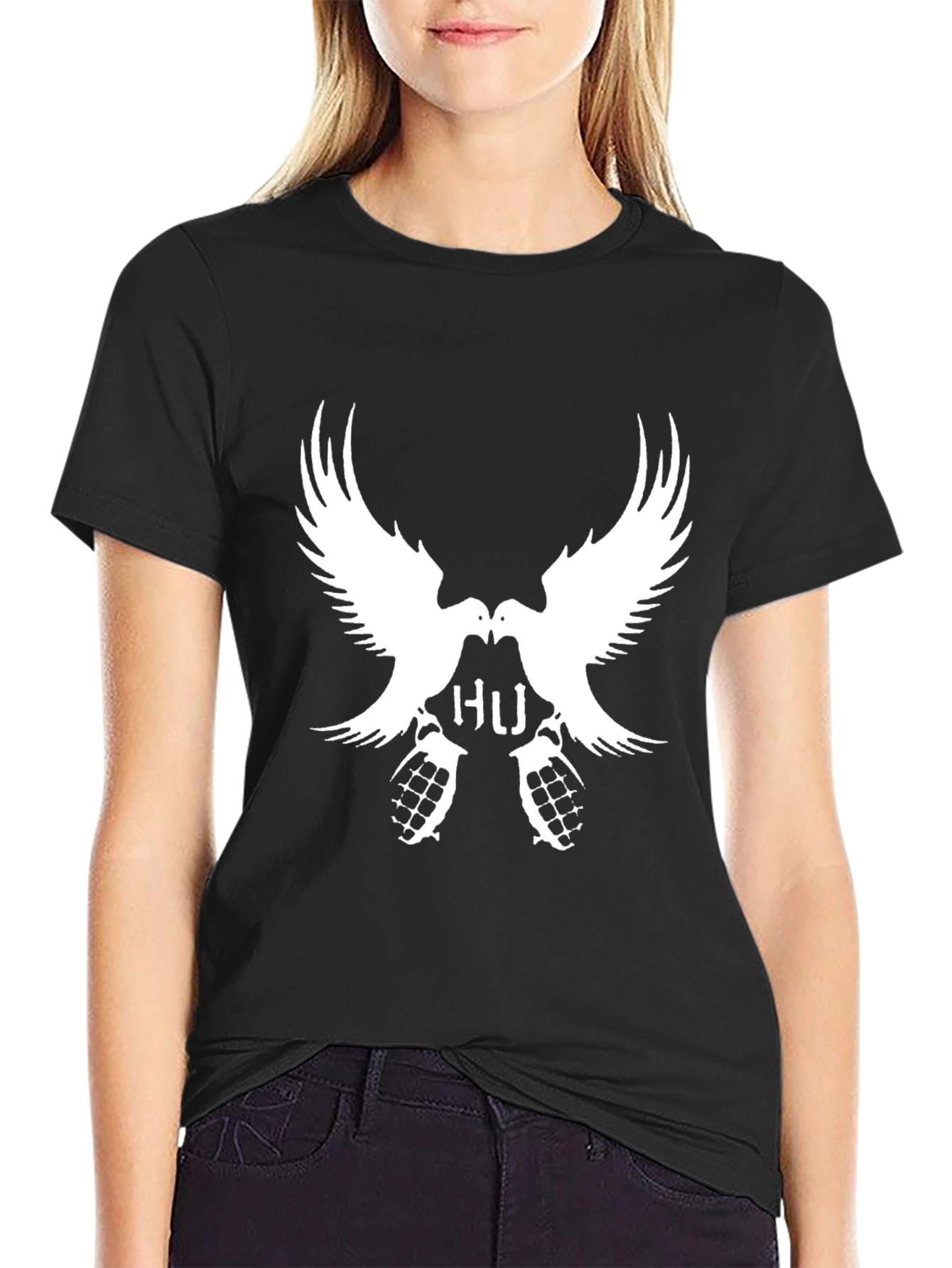 Black Statement Black T-Shirt with Dove & Grenade Design view 2