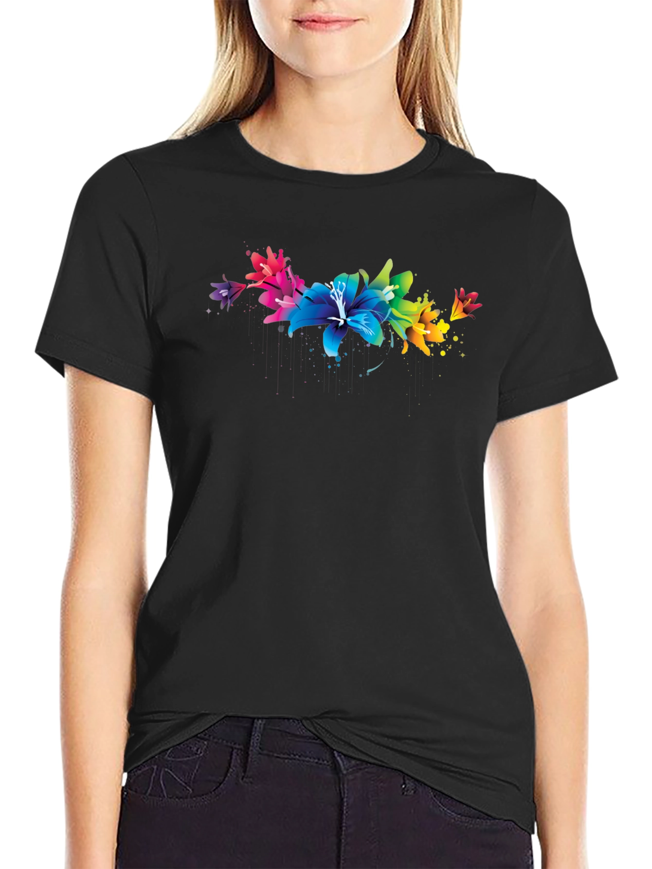 Black Rainbow Lily T-Shirt - Vibrant Floral Design view 2