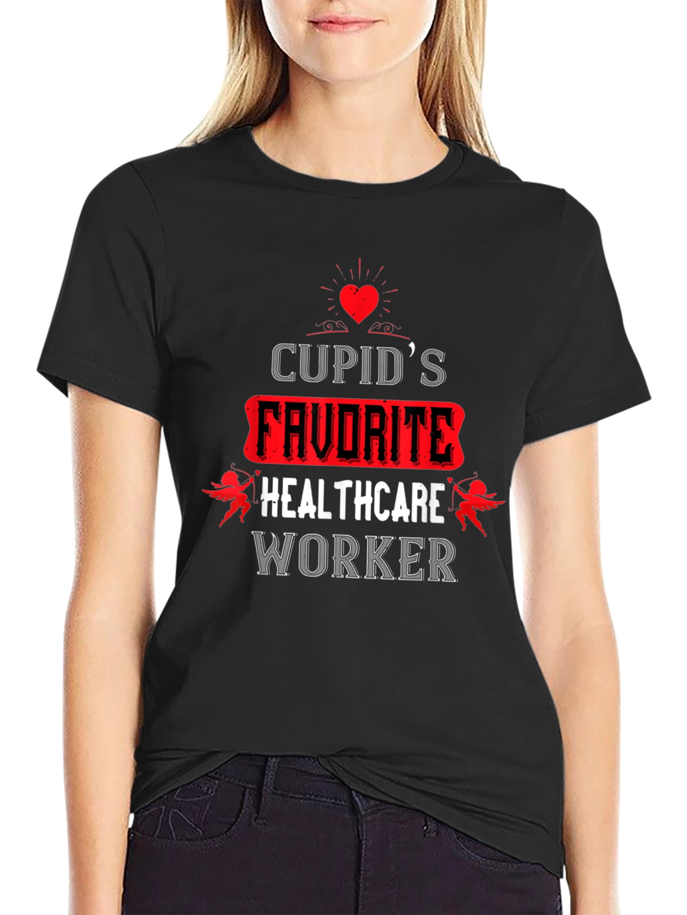 Black Cupid's Favorite Healthcare Worker Black T-Shirt view 2