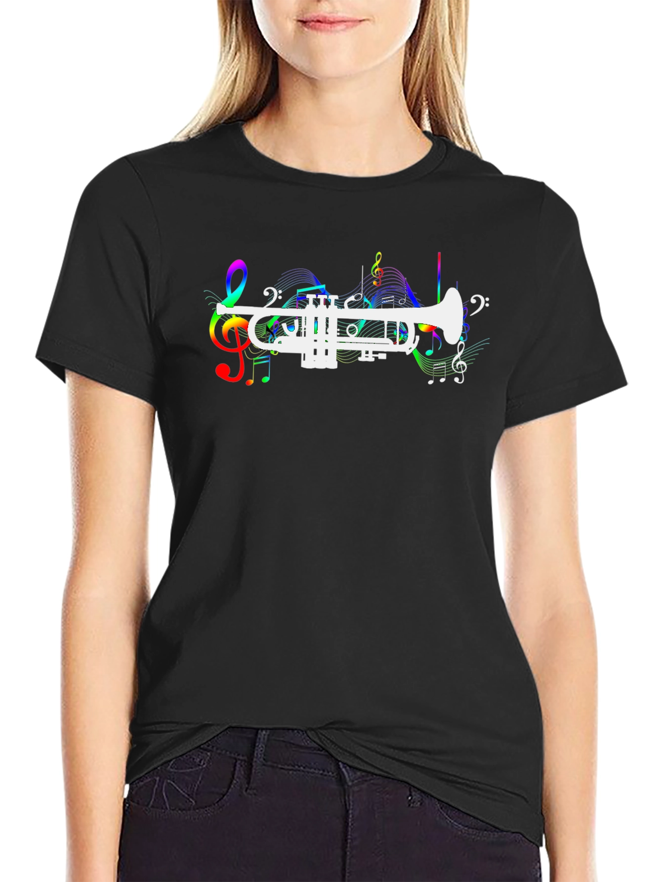 Black Musical Trumpet Graphic Tee - Black Cotton T-Shirt view 2