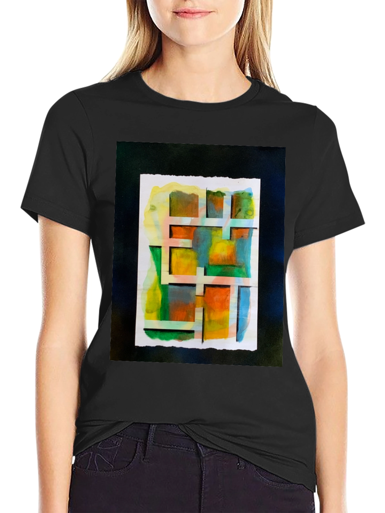 Black Abstract Watercolor Grid Graphic Tee view 2