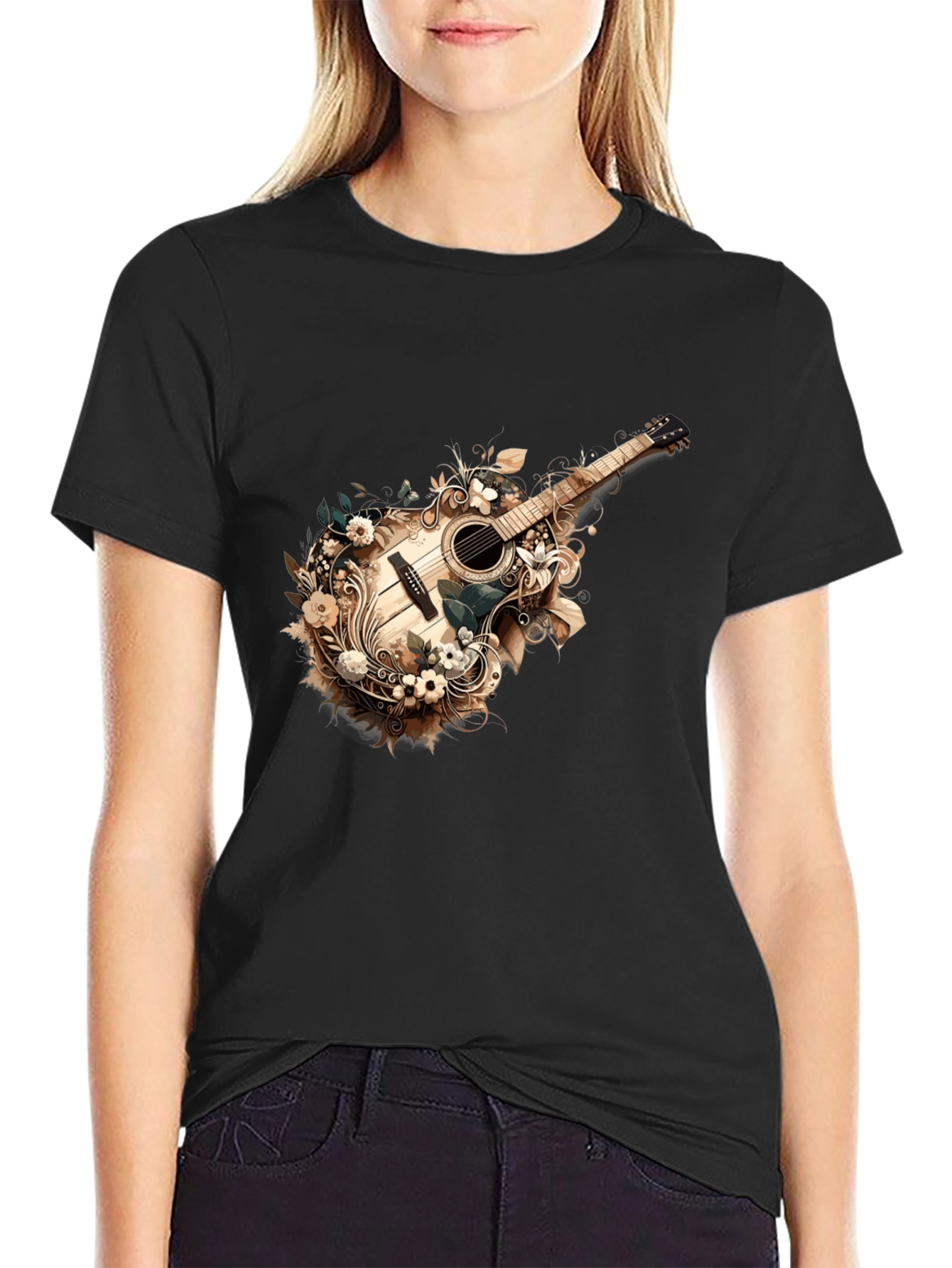 Black Floral Guitar Graphic Tee - Stylish Black T-Shirt view 2