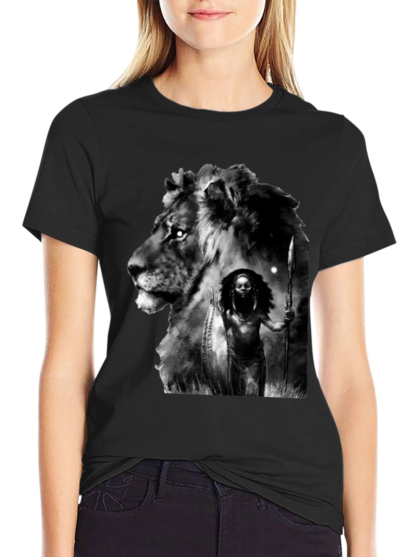 Black Lion Warrior Graphic Black T-Shirt view 2