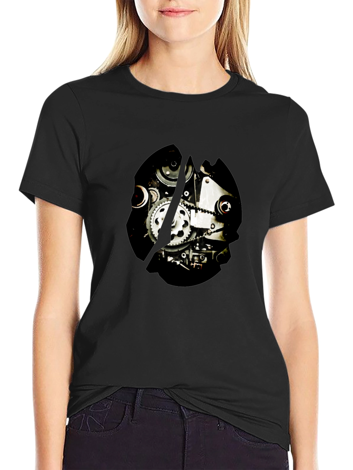Black Steampunk Gearwork Graphic T-Shirt - Black Cotton Tee view 2