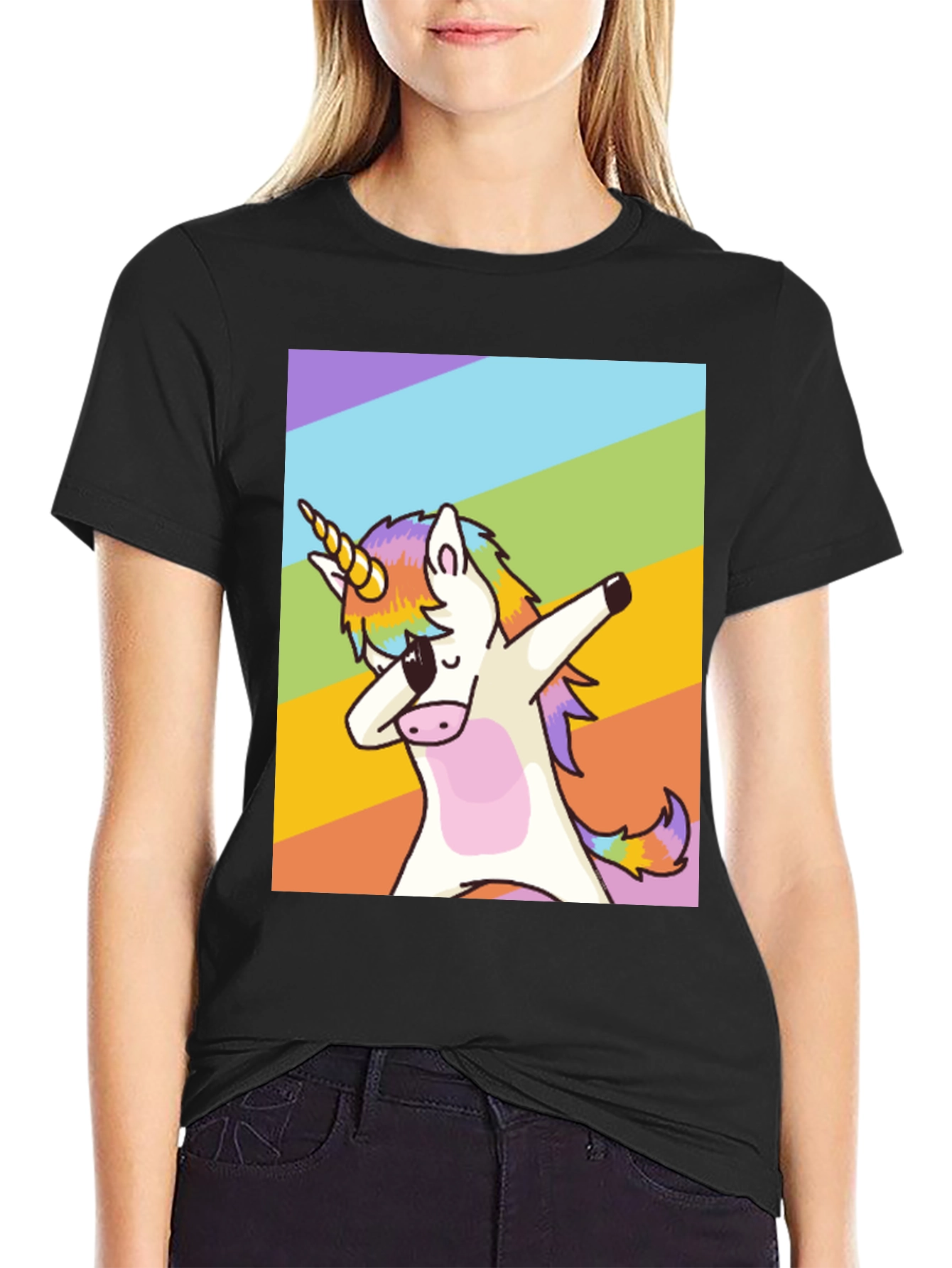 Black Dabbing Unicorn Rainbow T-Shirt - Fun & Unique Style view 2