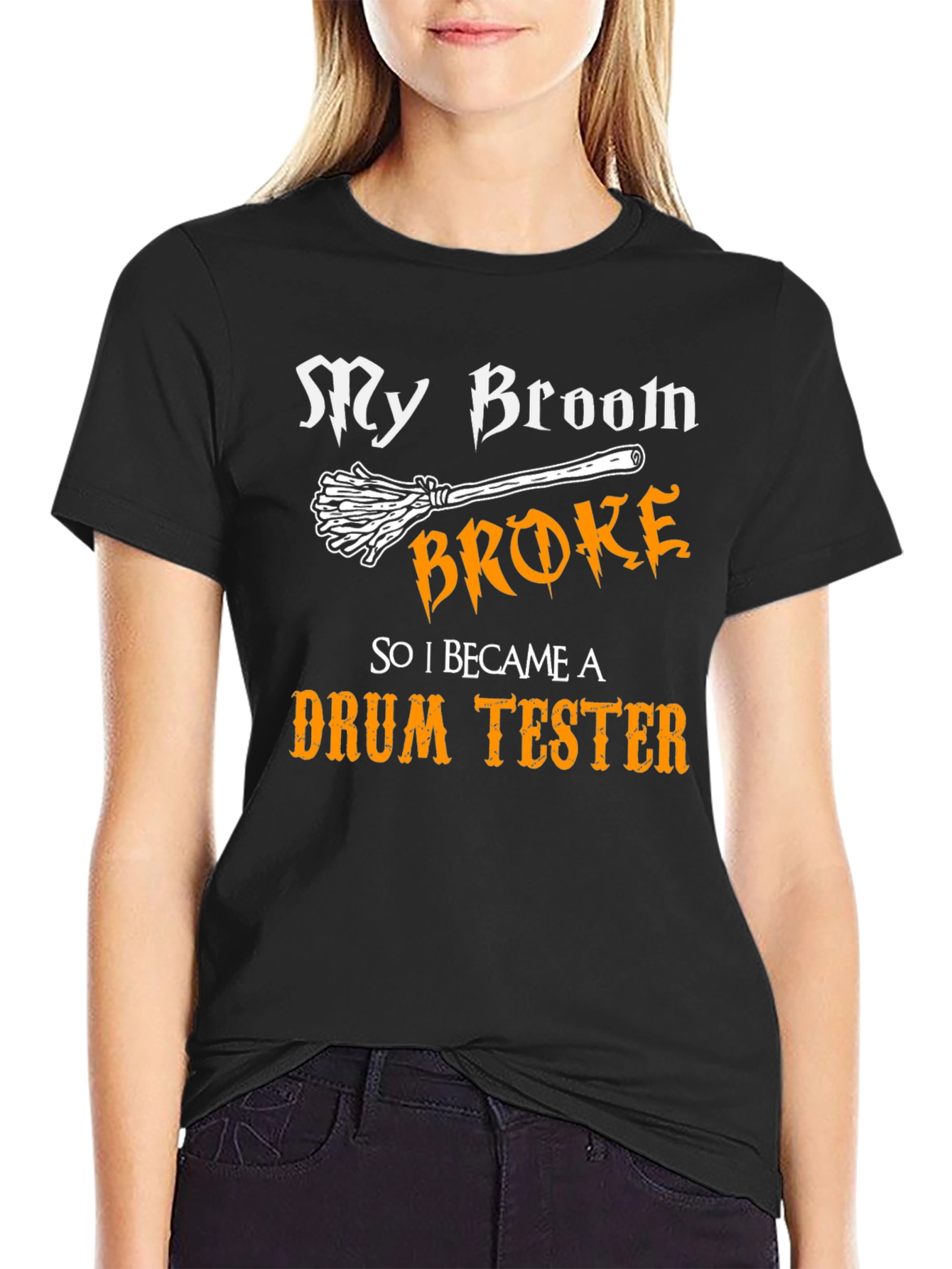 Black My Broom Broke Drum Tester Graphic Tee view 2