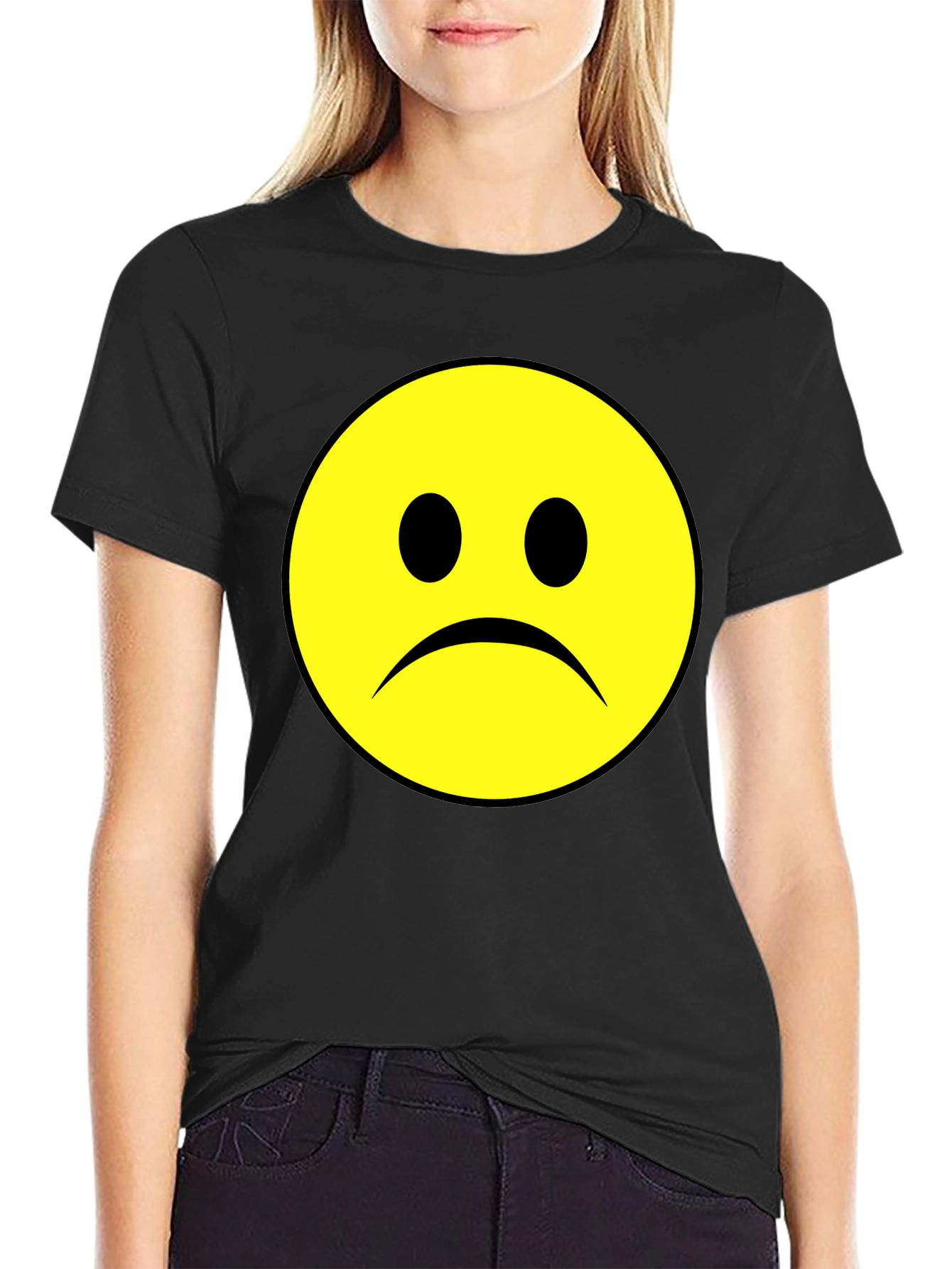 Black Sad Face Graphic Tee - Black Cotton T-Shirt view 2