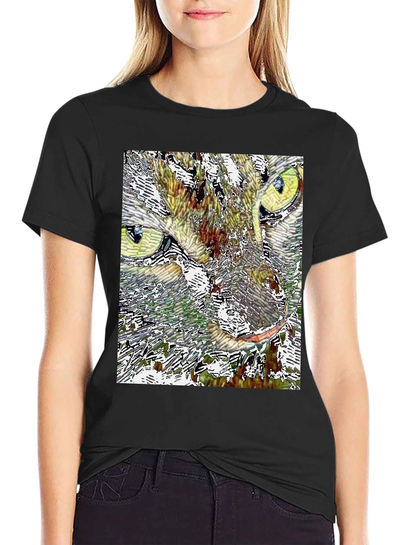 Black Abstract Cat Face Graphic Print Black T-Shirt view 2
