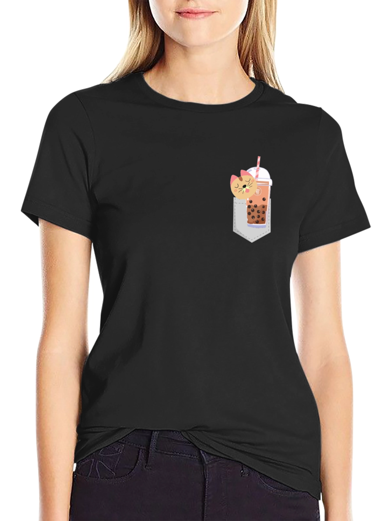 Black Boba Cat Pocket Print Tee - Cute Kawaii Style view 2