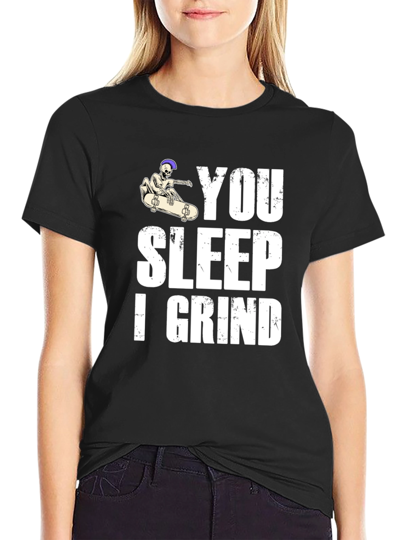 Black You Sleep I Grind Skateboard Graphic T-Shirt view 2
