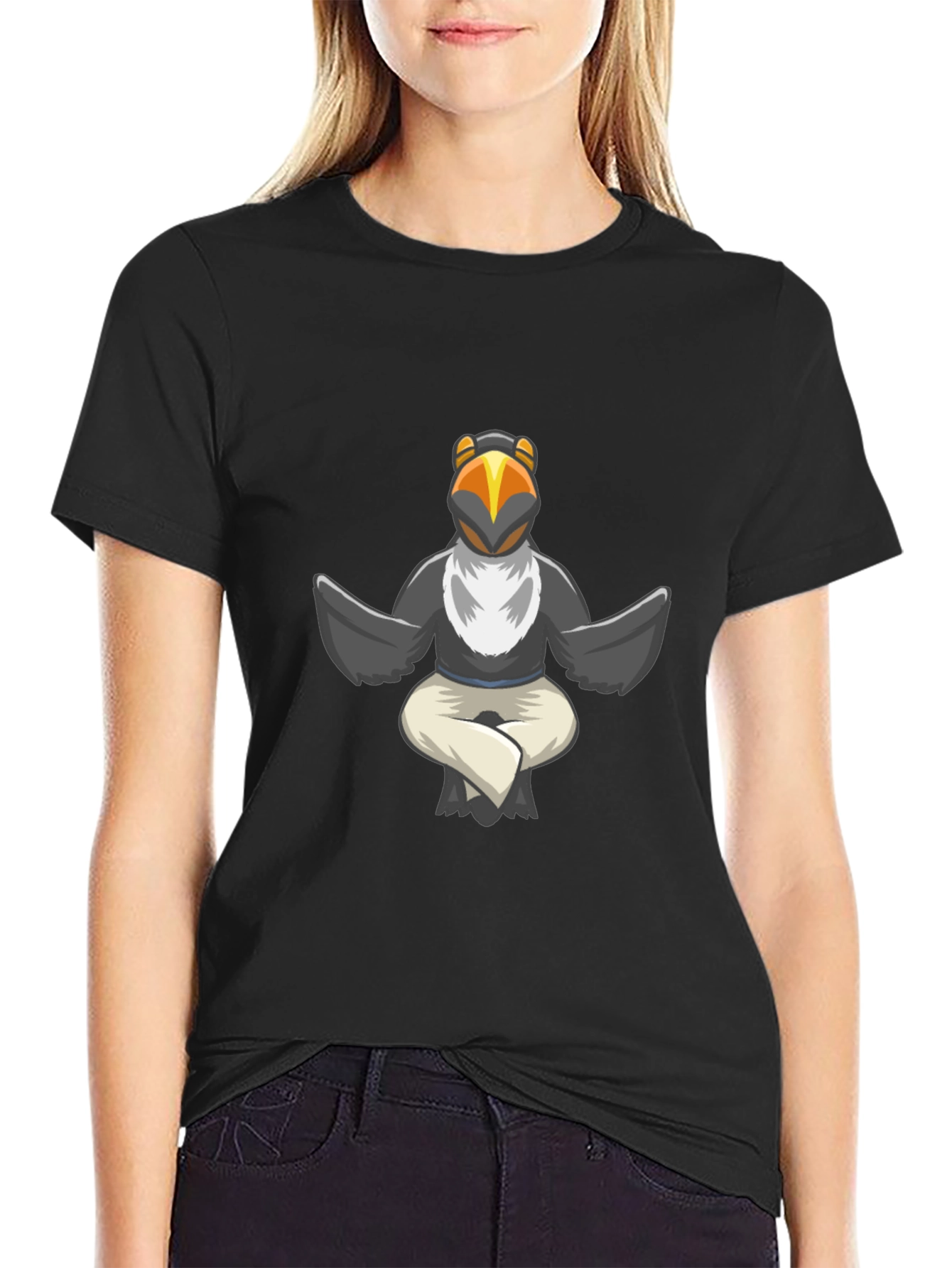 Black Yoga Bird T-Shirt - Meditating Cartoon Animal Tee view 2