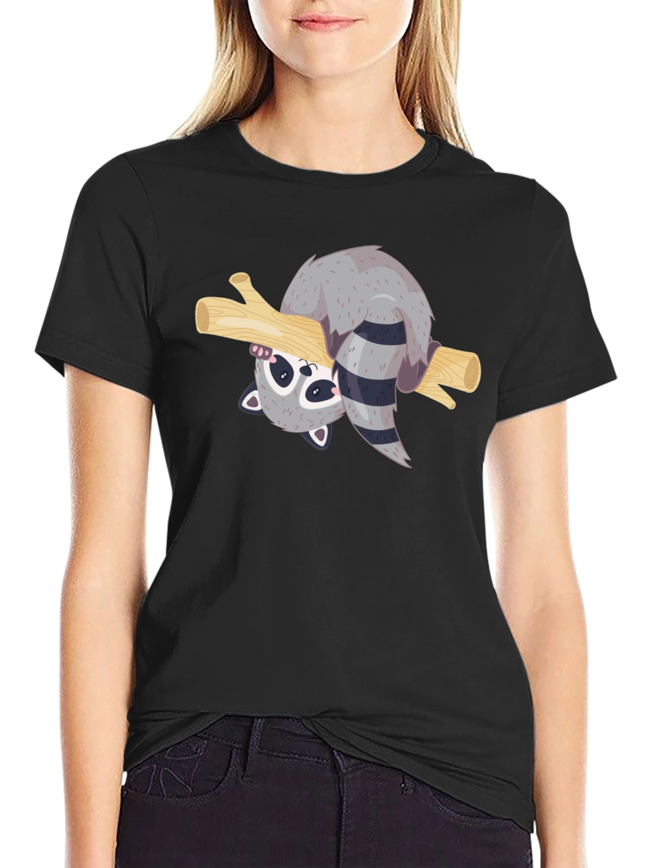 Black Cute Raccoon on Branch Black T-Shirt view 2