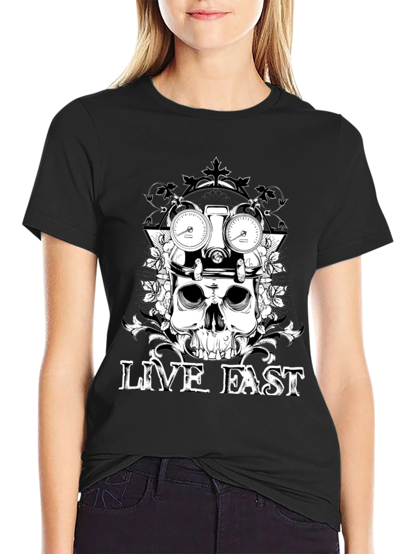 Black Live Fast Skull Graphic Tee - Black Cotton T-Shirt view 2