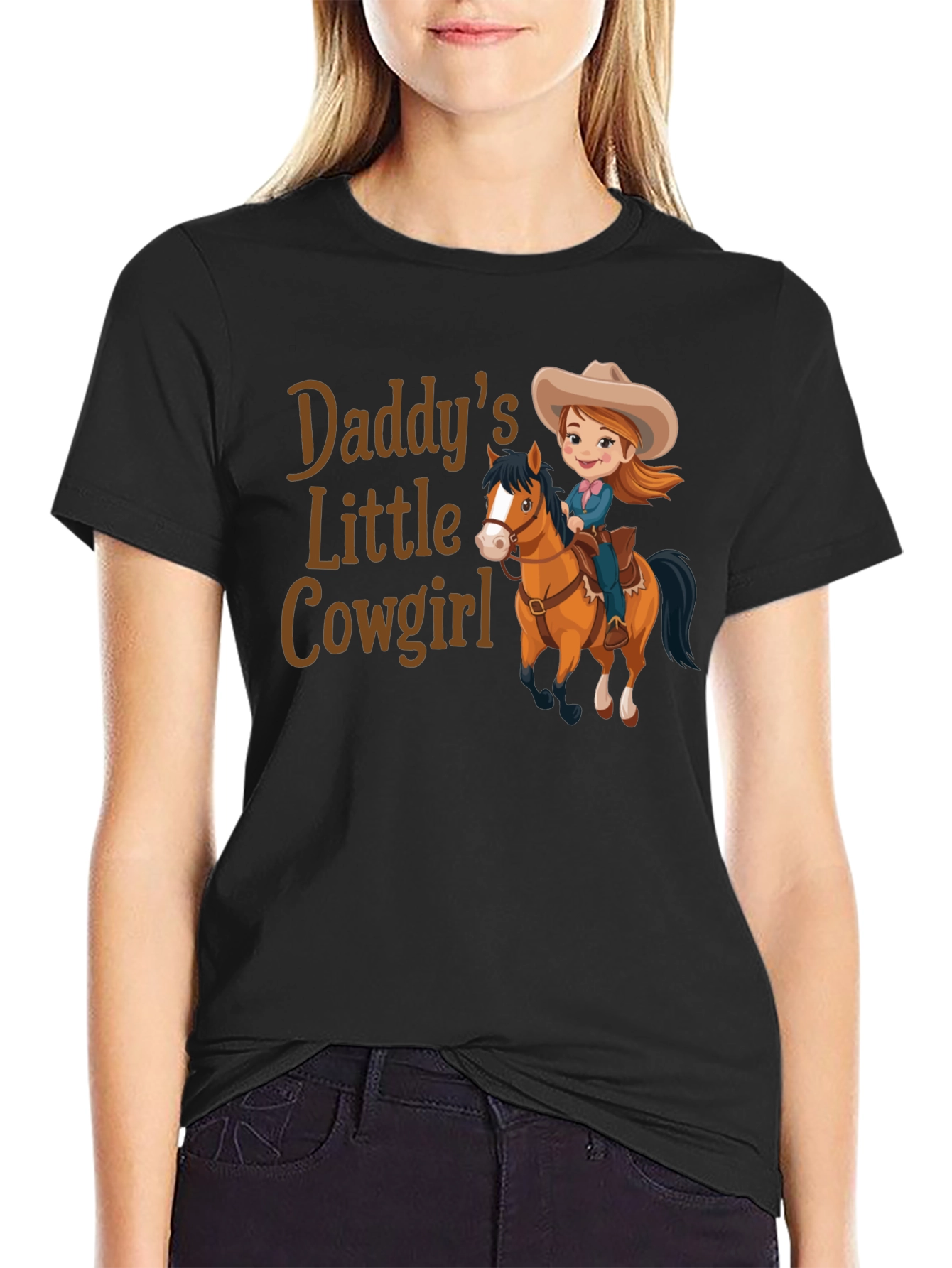 Black Daddy's Little Cowgirl T-Shirt Cute Horse Design view 2