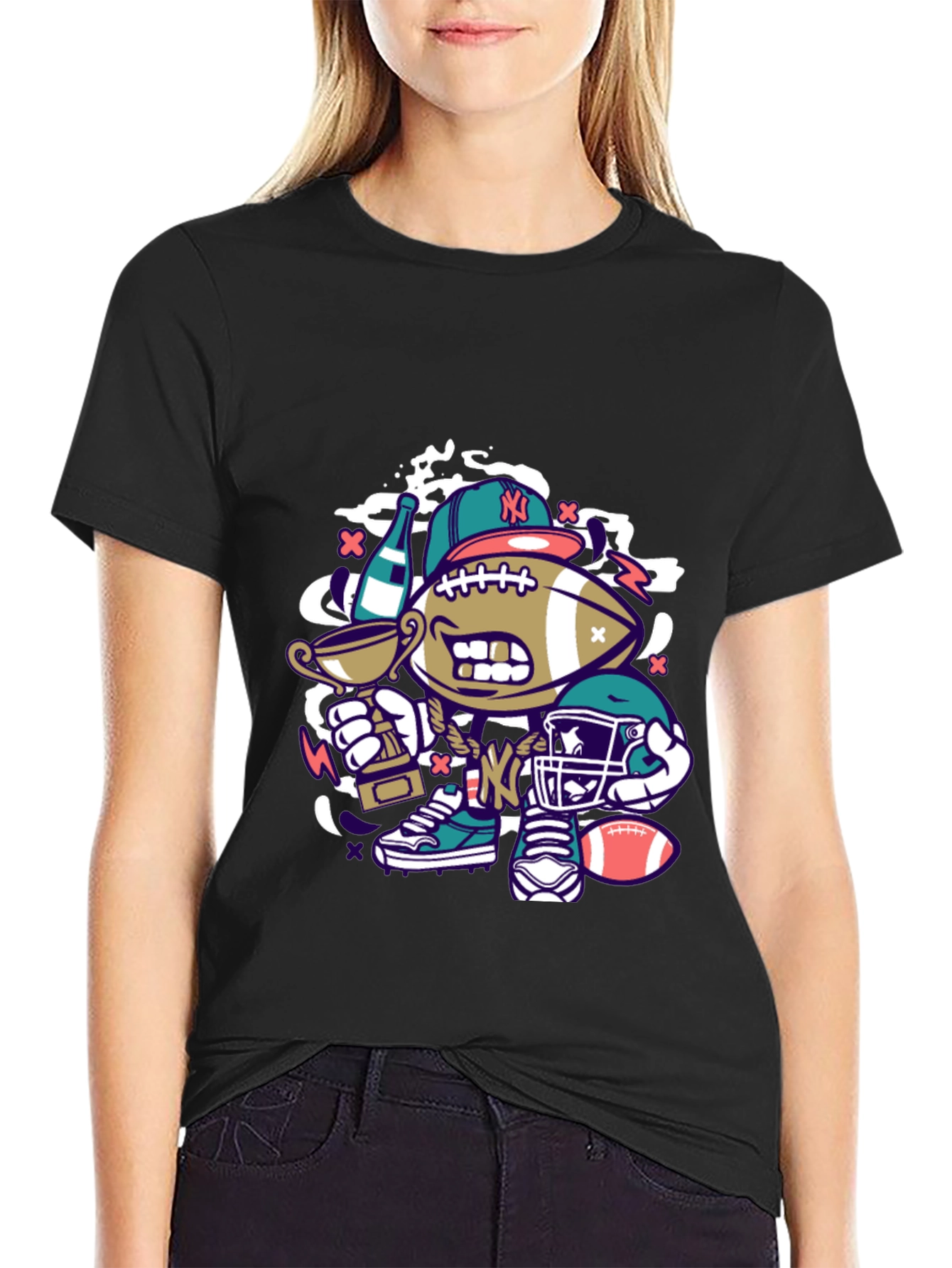 Black Cartoon Football Graphic Tee view 2