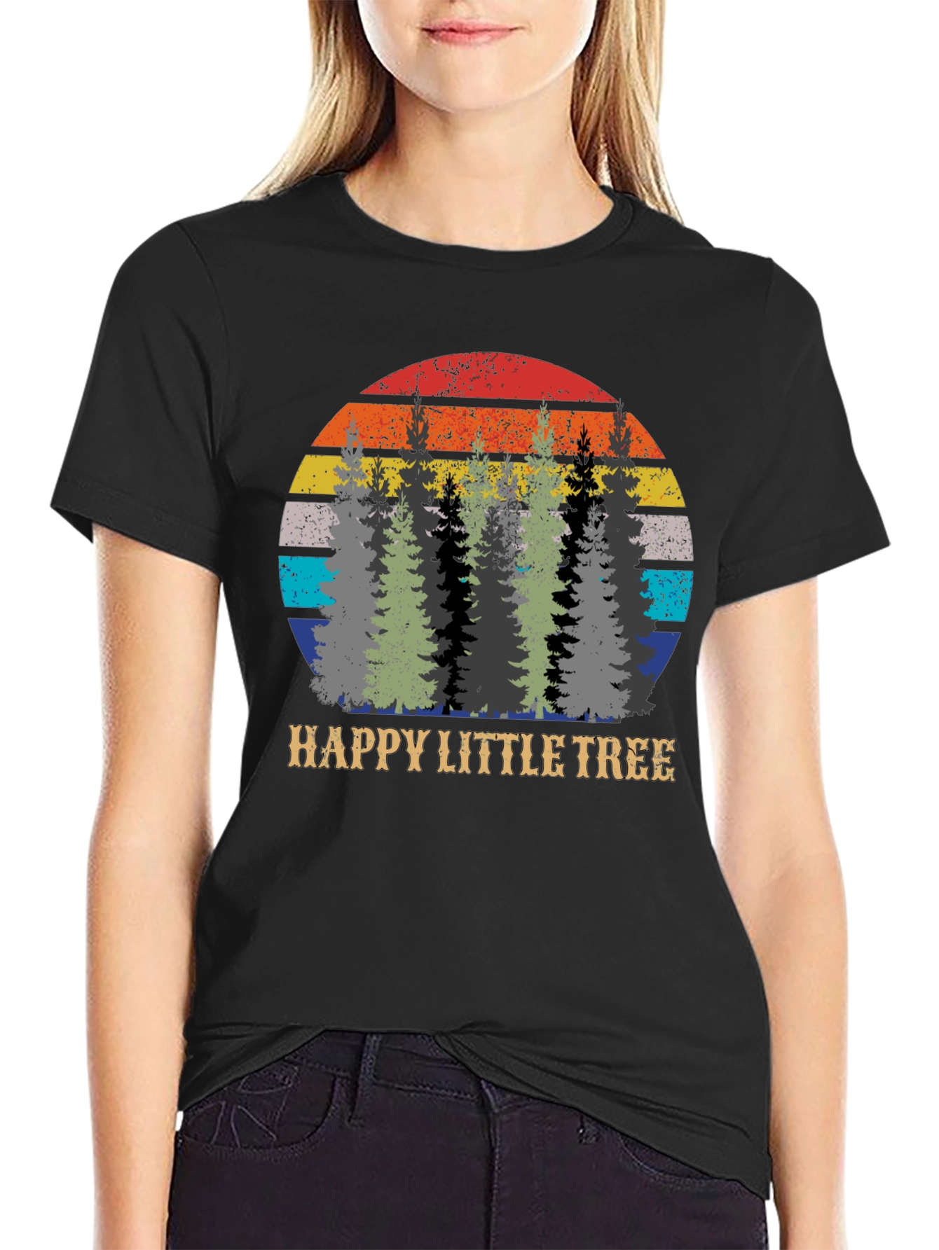 Black Happy Little Tree Retro Sunset Graphic Tee view 2