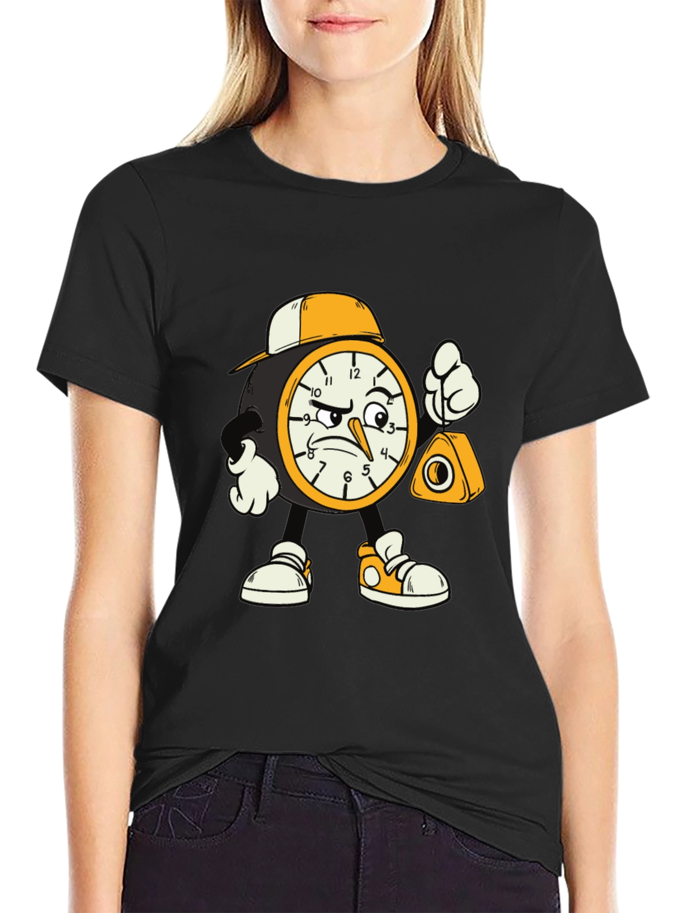 Black Cartoon Clock Graphic Tee view 2