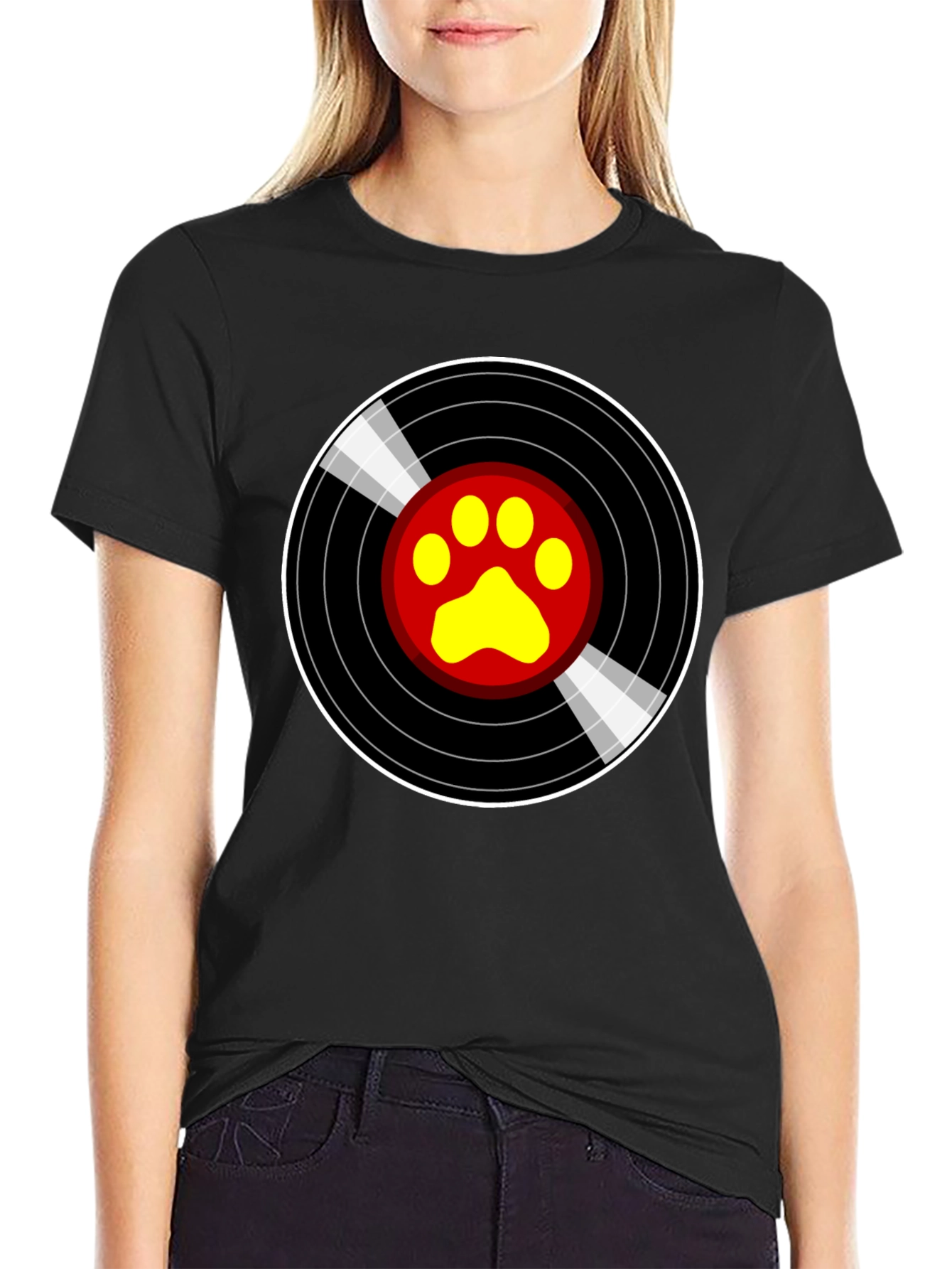 Black Vinyl Paw Print T-Shirt - Music Loving Pet Owner view 2