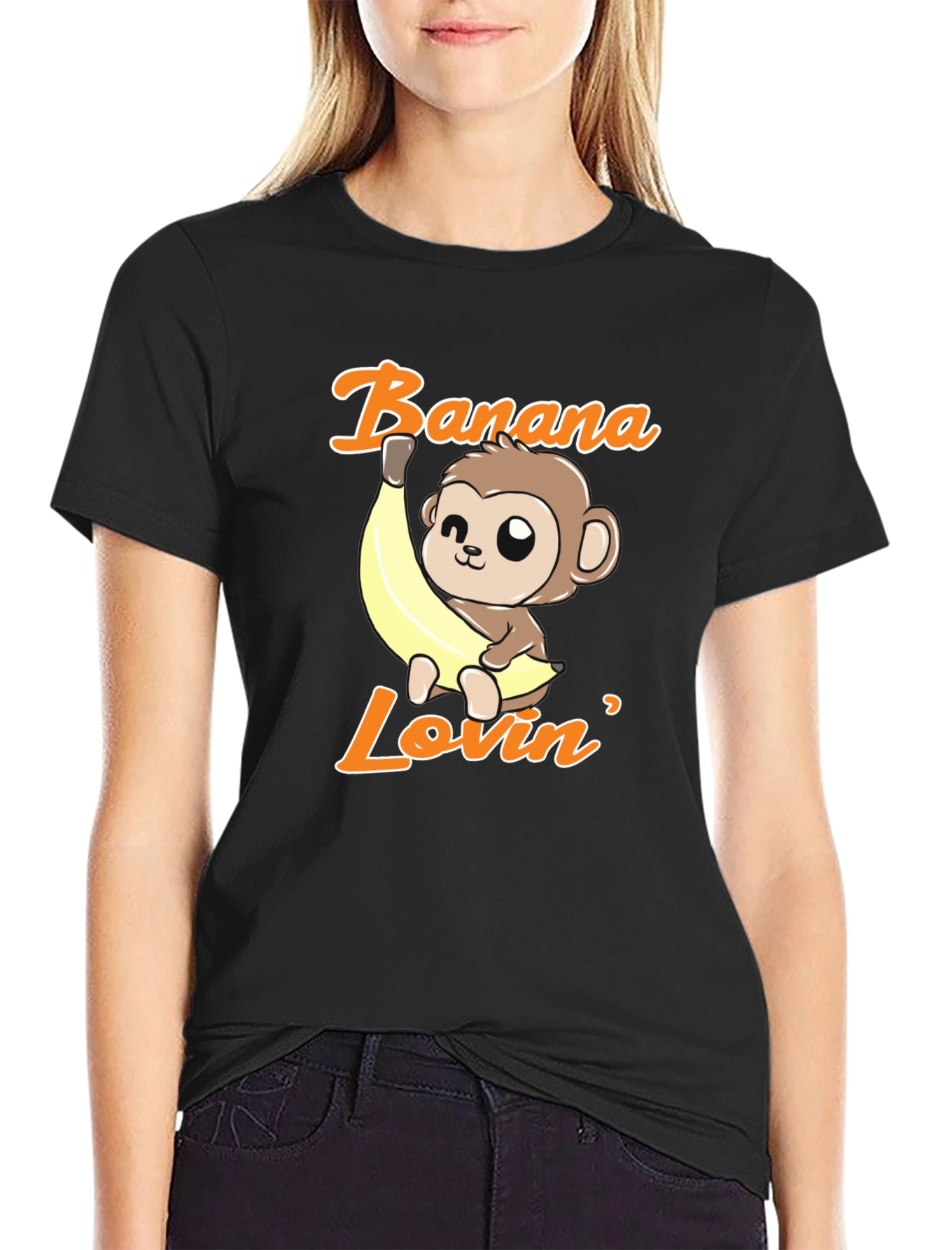 Black Banana Lovin' Monkey T-Shirt - Cute Cartoon Graphic Tee view 2