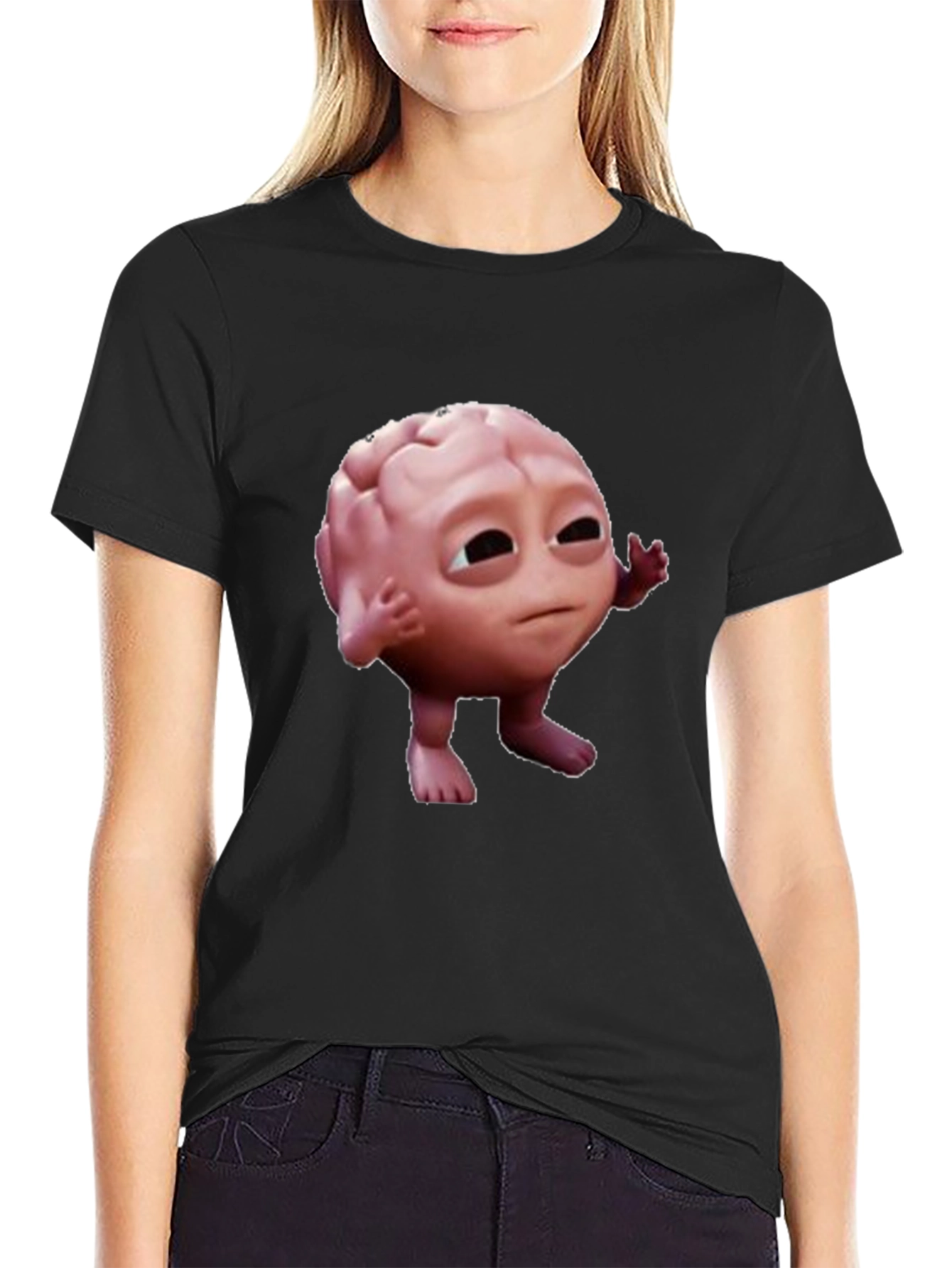 Black Funny Brain Character Black T-Shirt view 2