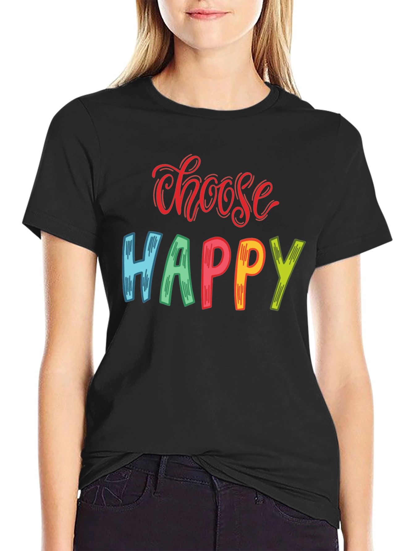 Black Choose Happy Graphic Print T-Shirt view 2