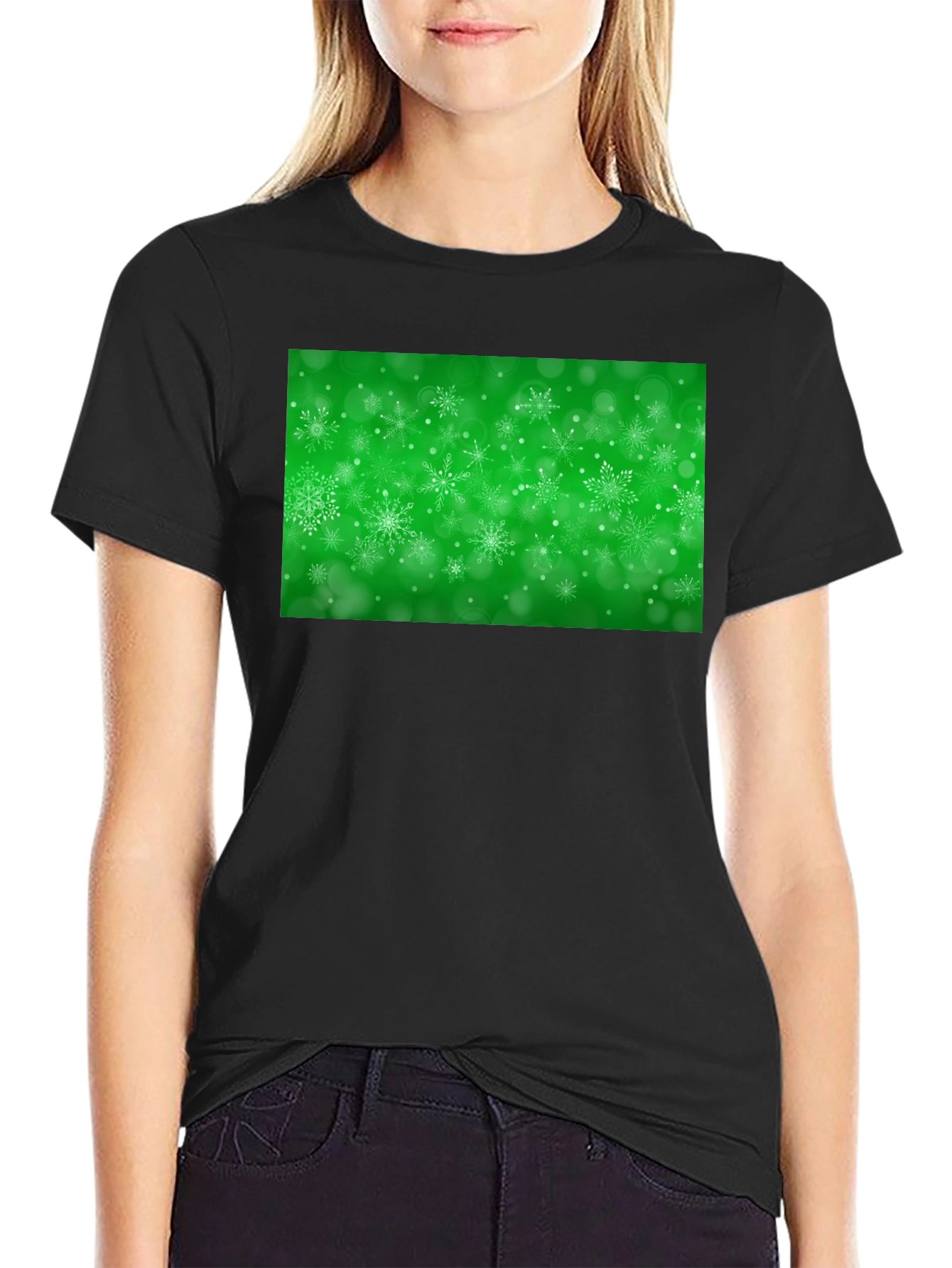 Black Snowflake Festive Green Holiday T-Shirt view 2