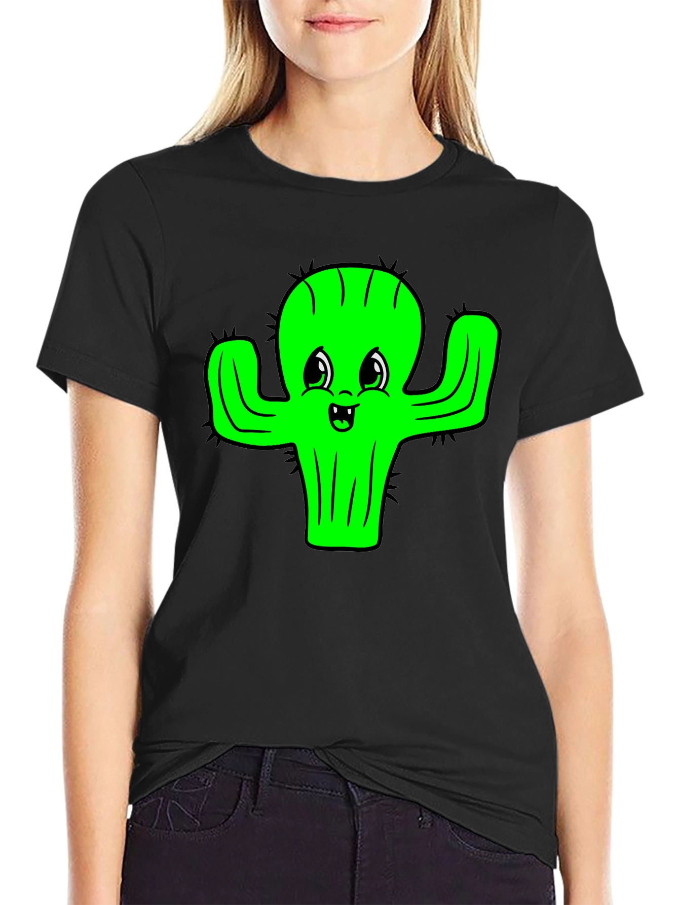 Cute Cactus Graphic Tee - Black Cotton T-Shirt - 2