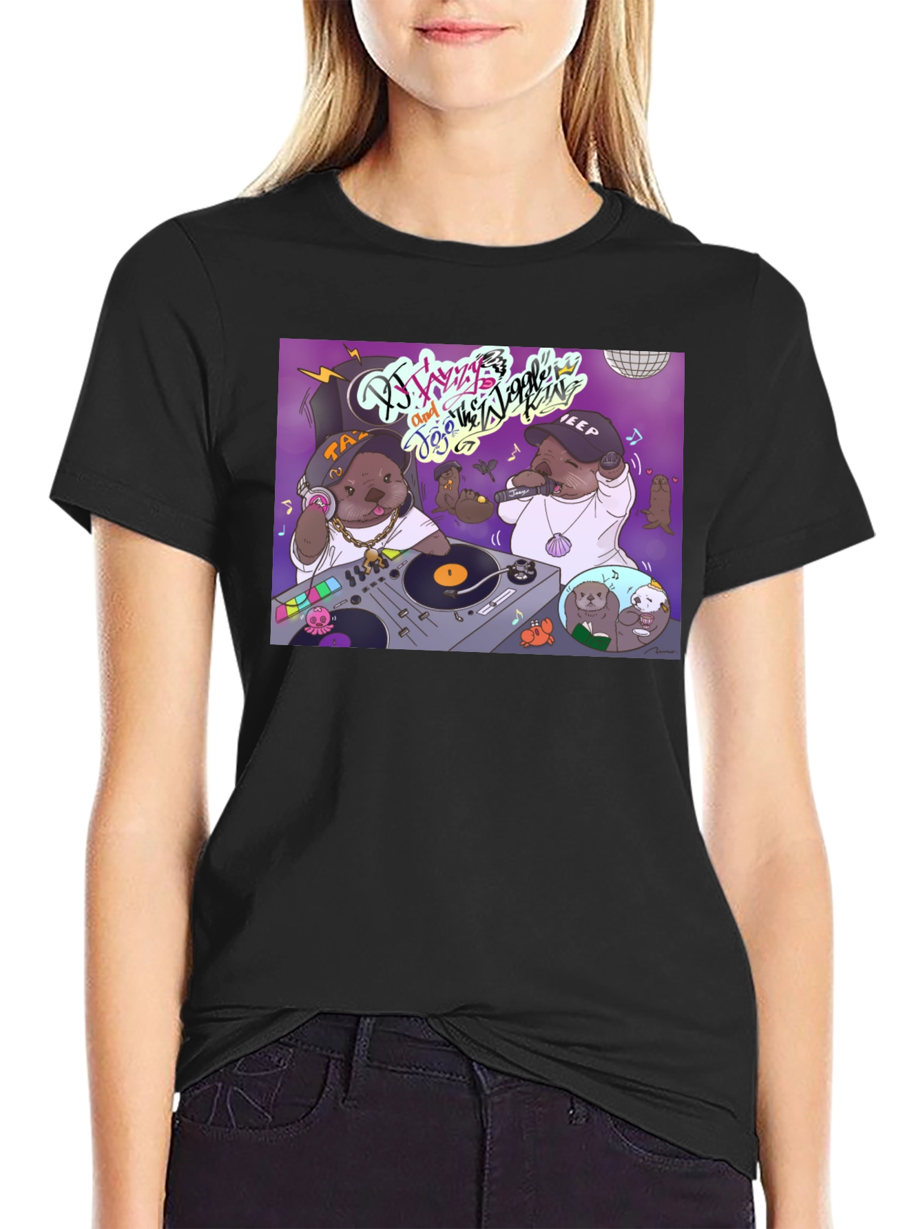 Black DJ Otter Hip Hop Graphic T-Shirt view 2