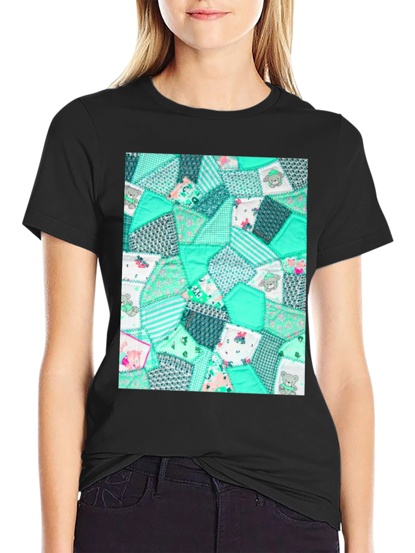 Black Quilted Patchwork Pattern Black Tee view 2