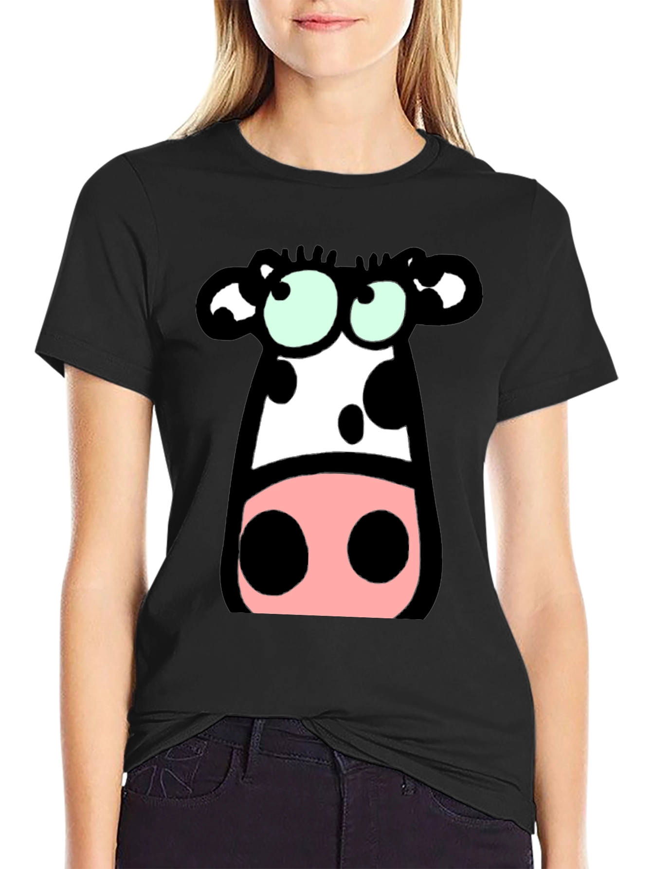 Black Cartoon Cow Graphic Tee - Black Cotton T-Shirt view 2