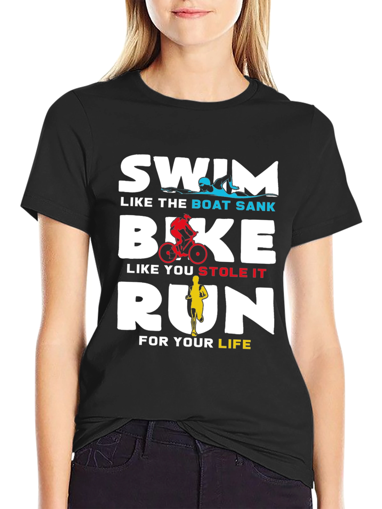 Black Swim Bike Run T-Shirt - Triathlon Training Tee view 2