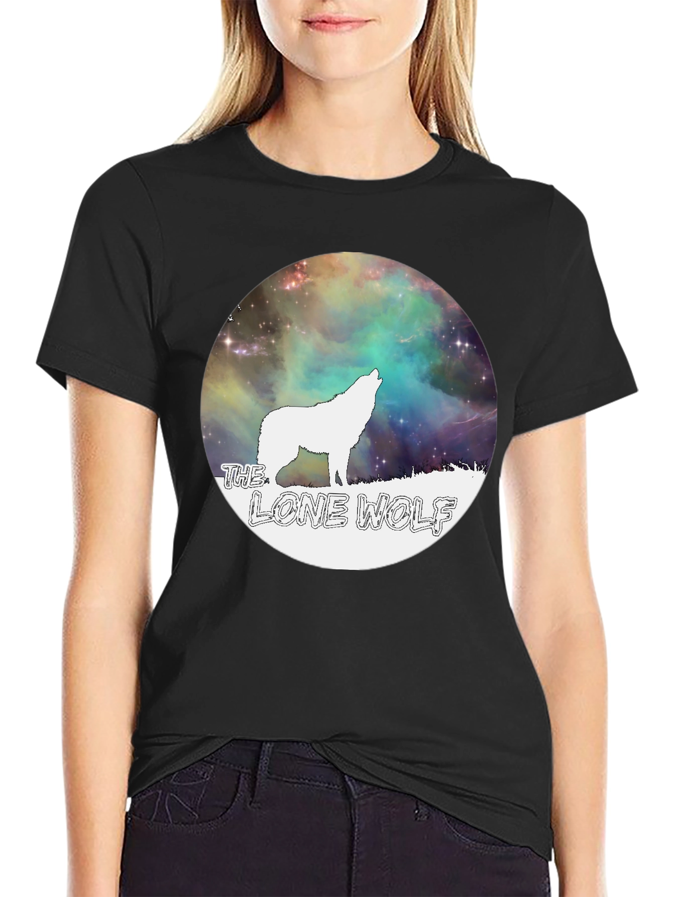 Black Lone Wolf Graphic Tee - Galaxy Design Black T-Shirt view 2