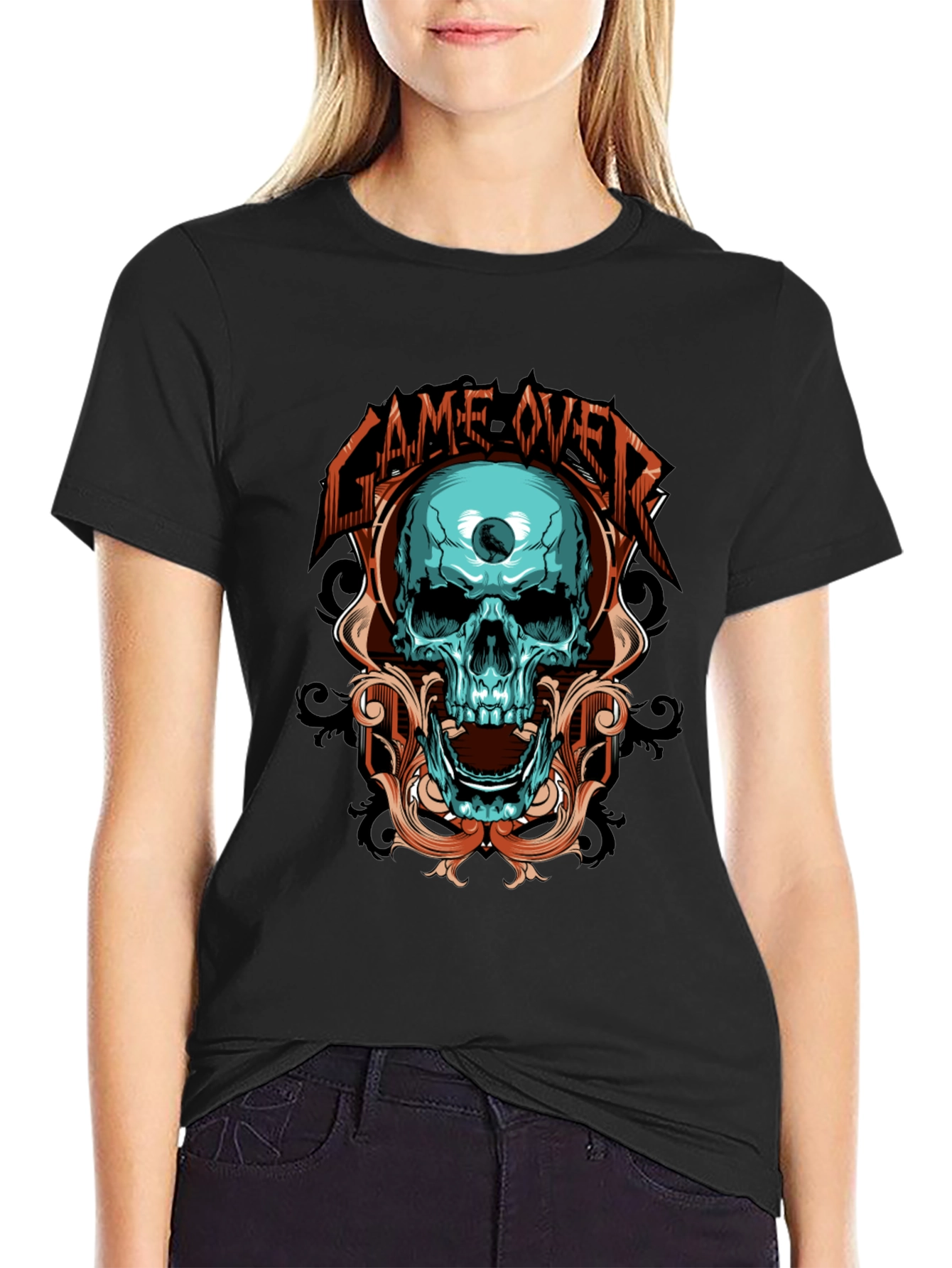 Black Game Over Skull Graphic Black T-Shirt view 2