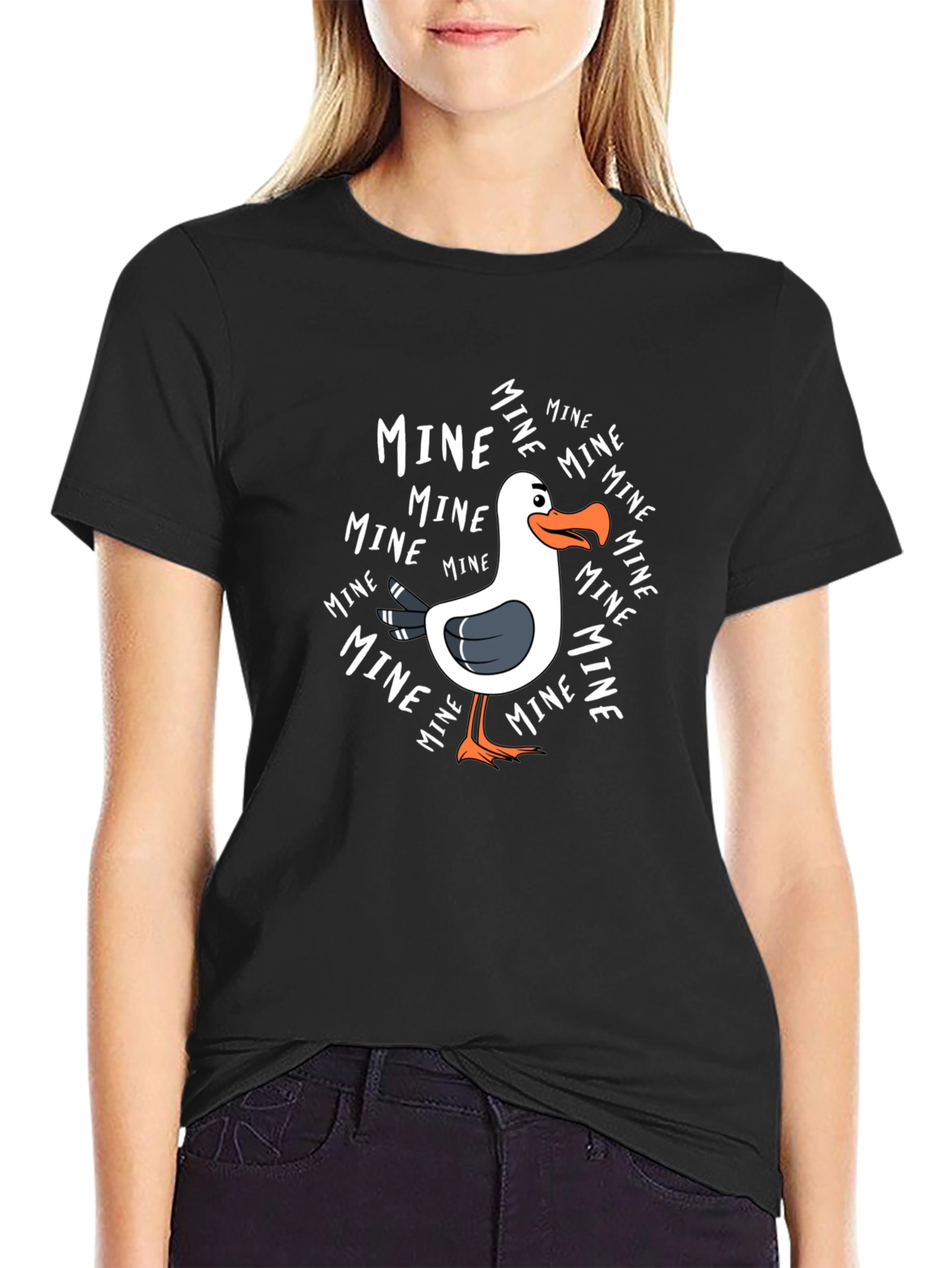 Black MINE Seagull Cartoon Black T-Shirt view 2