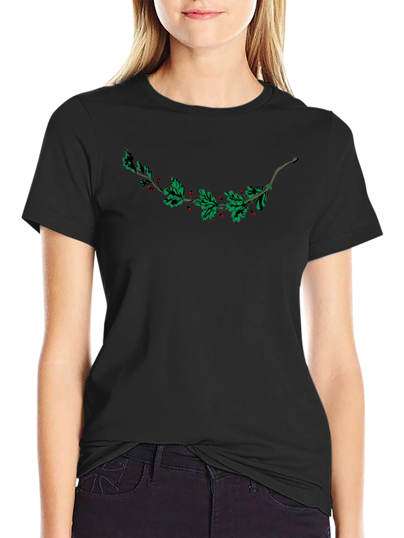 Black Festive Holly Berry Branch Graphic Tee - Black view 2