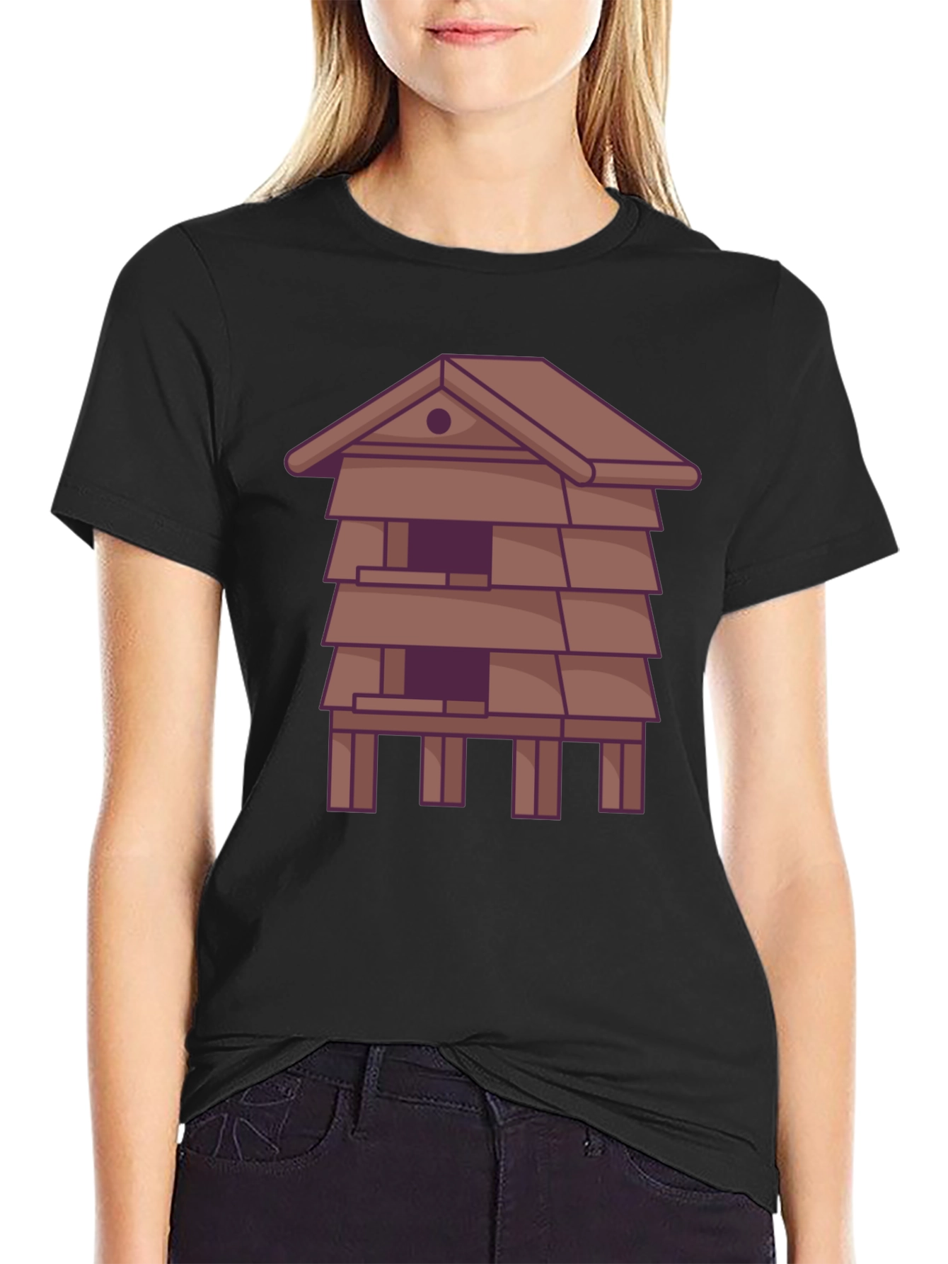 Black Unique T-Shirt with Stylized House Graphic view 2