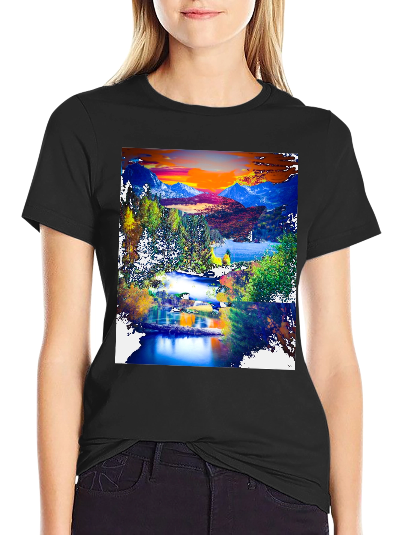 Black Nature's Canvas Tee: Mountain Lake Design view 2