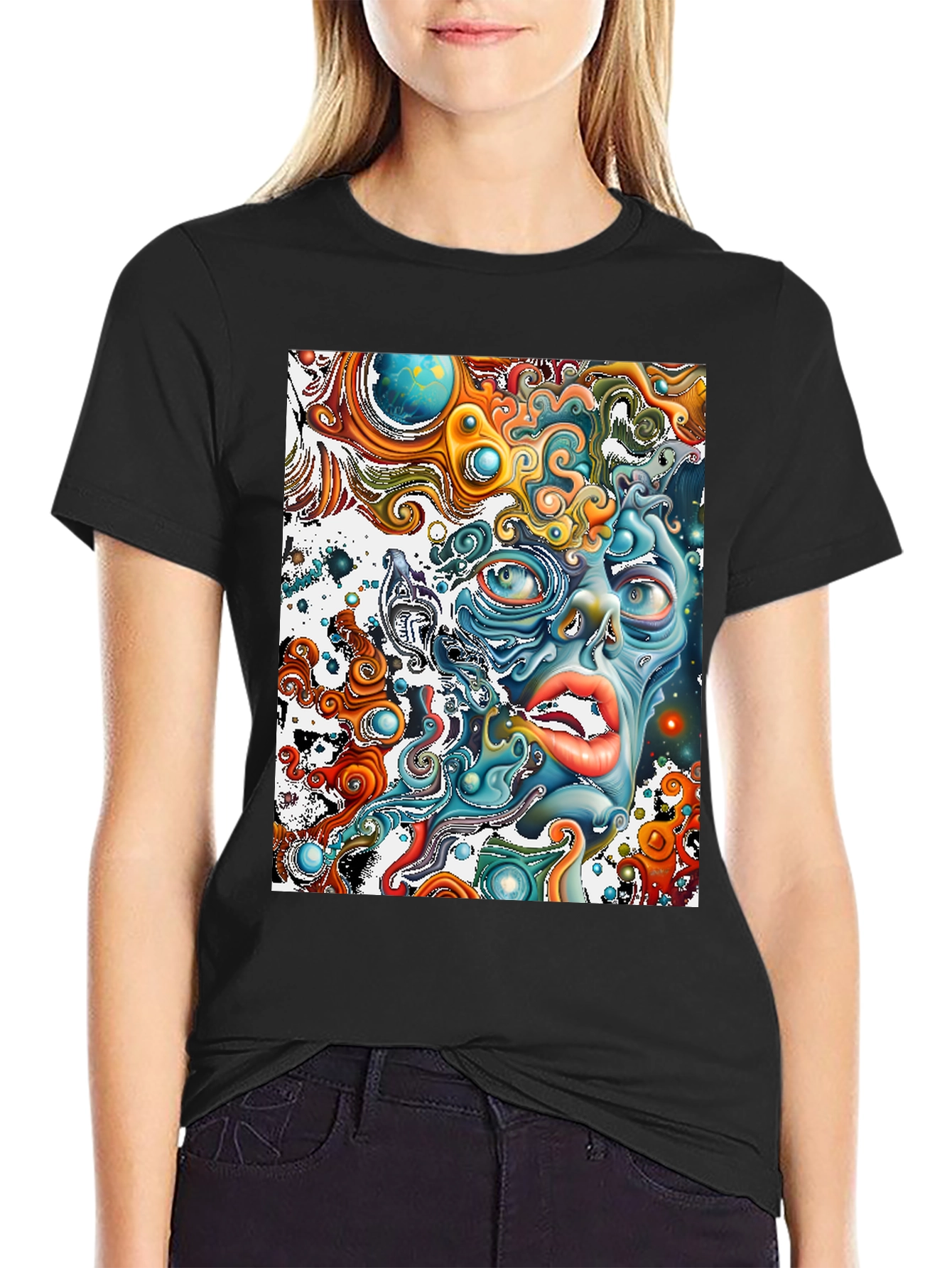 Black Surreal Face Graphic T-Shirt - Black view 2